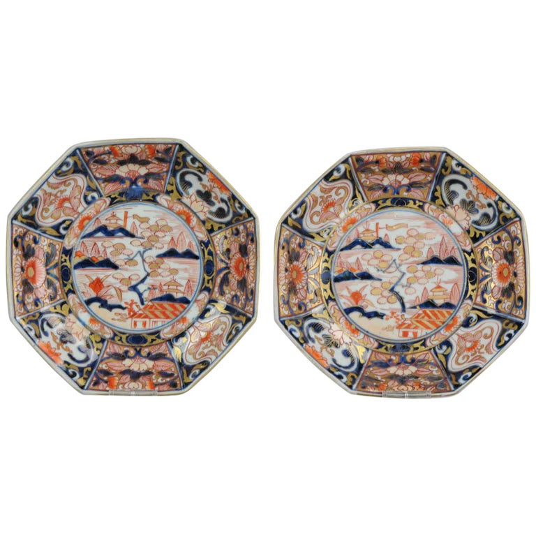 Set Edo Antique Japanese Imari Plates Octagonal Flower Scene 18C
