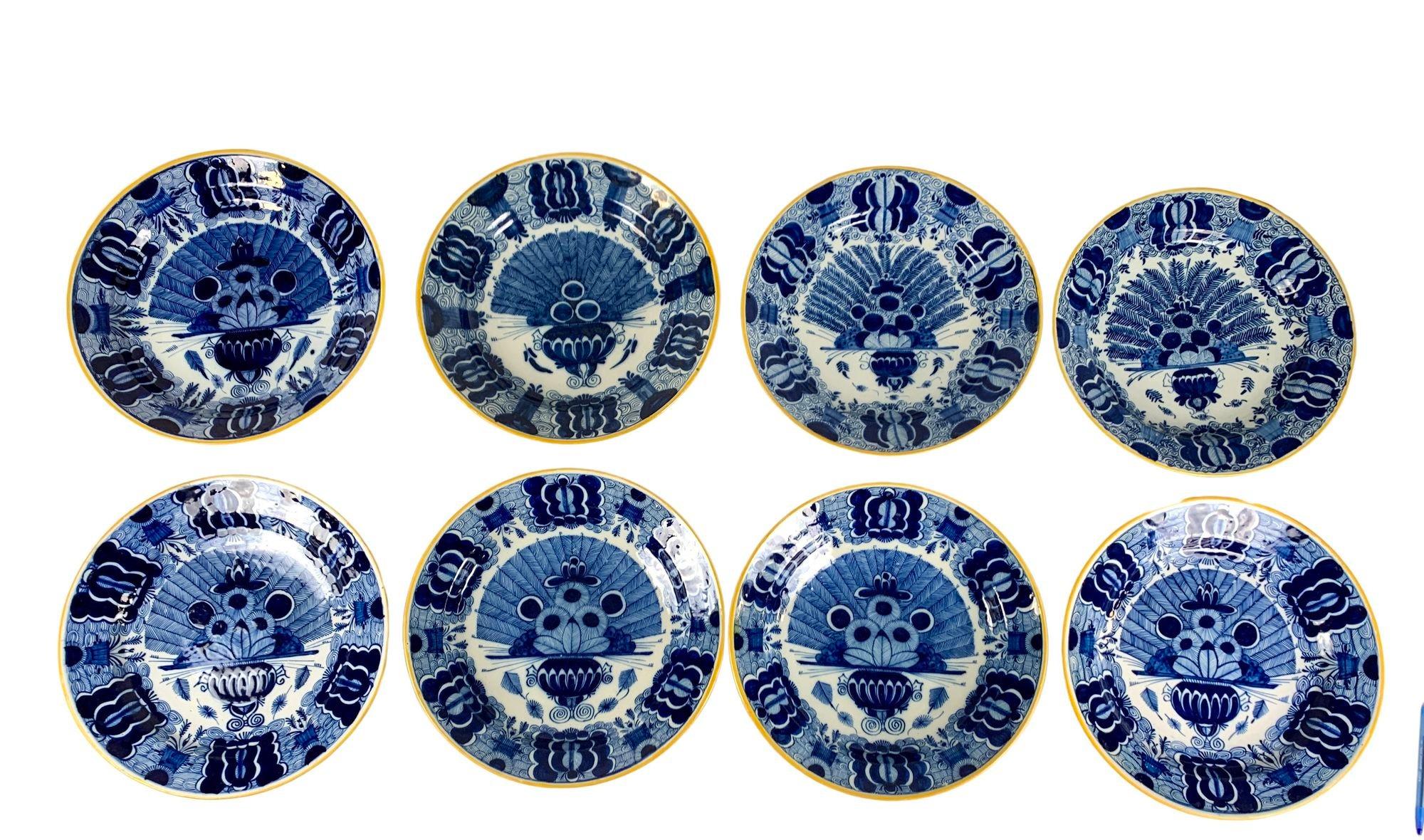 Rococo Set Eight Blue and White Delft Chargers Hand Painted Netherlands Ca. 1780-1820 For Sale
