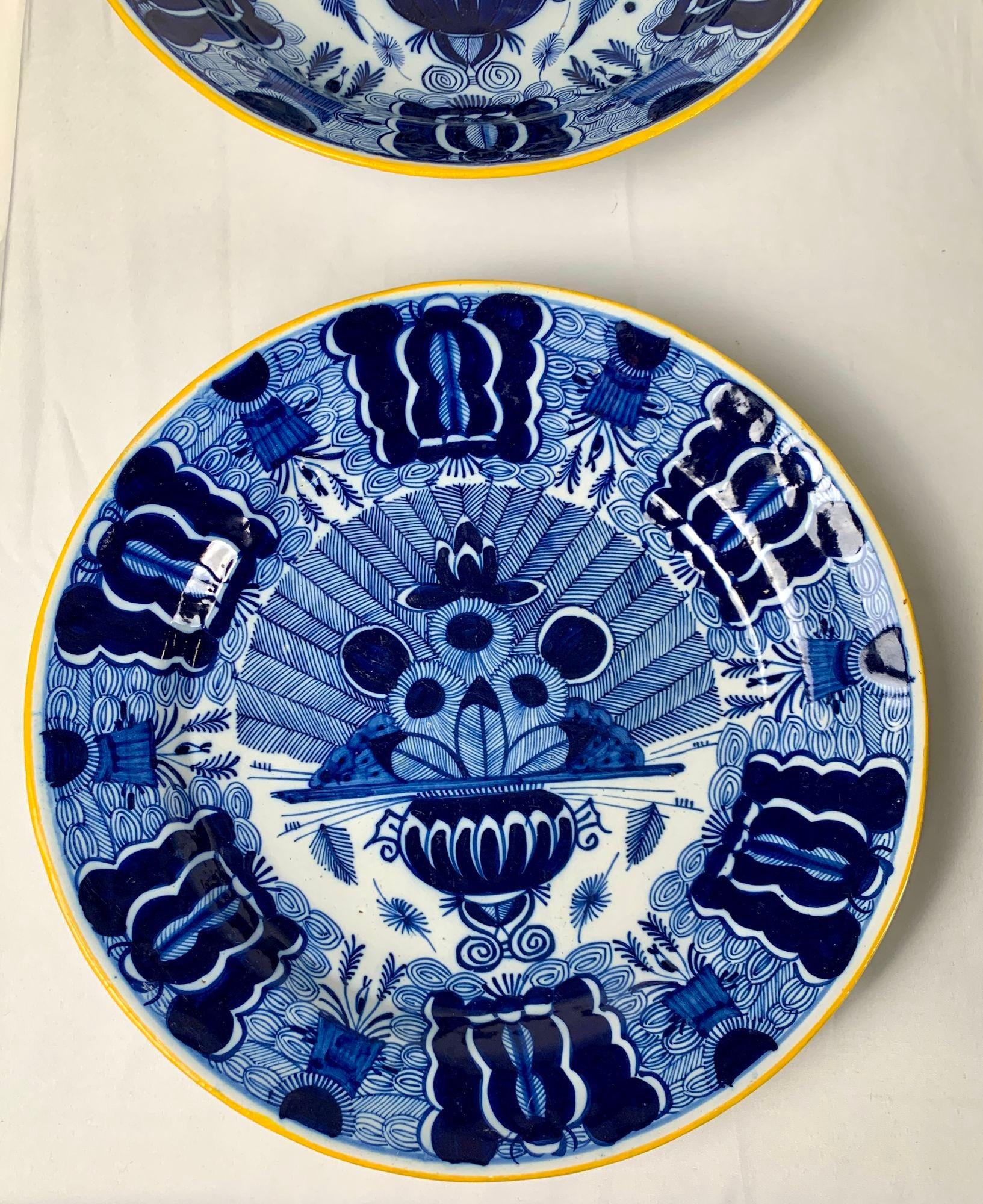 Hand-Painted Set Eight Blue and White Delft Chargers Hand Painted Netherlands Ca. 1780-1820 For Sale