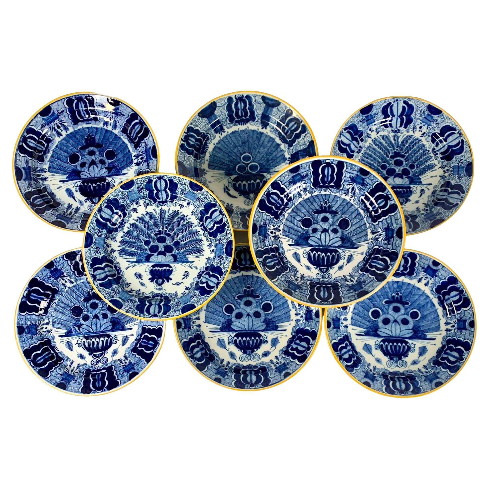 Set Eight Blue and White Delft Chargers Hand Painted Netherlands Ca. 1780-1820 For Sale