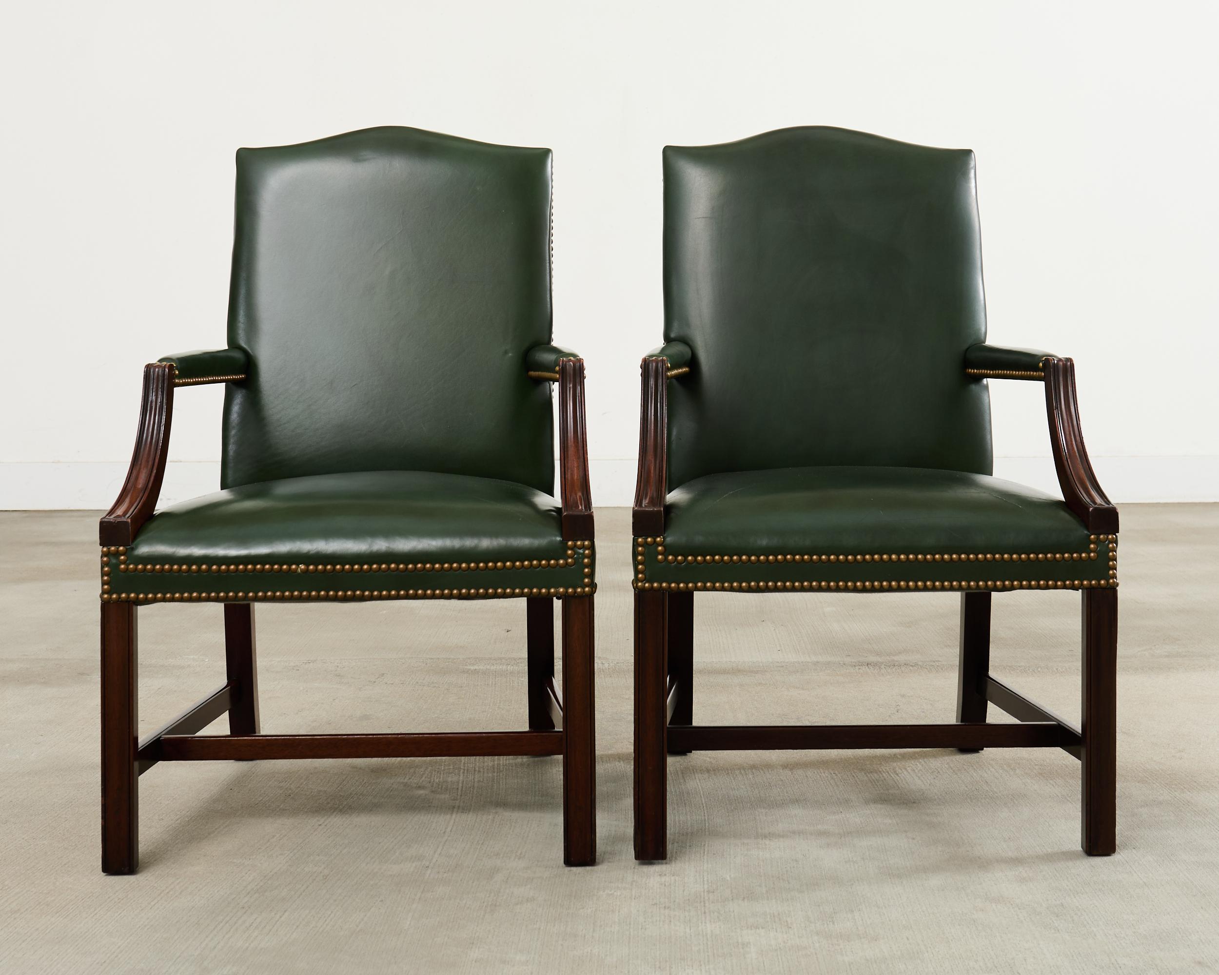 American Set Eight Gainsborough Leather Mahogany Library Chairs For Sale