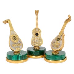 Set Eight Italian Miniature Silver Gilt Malachite Musical Instrument Figures