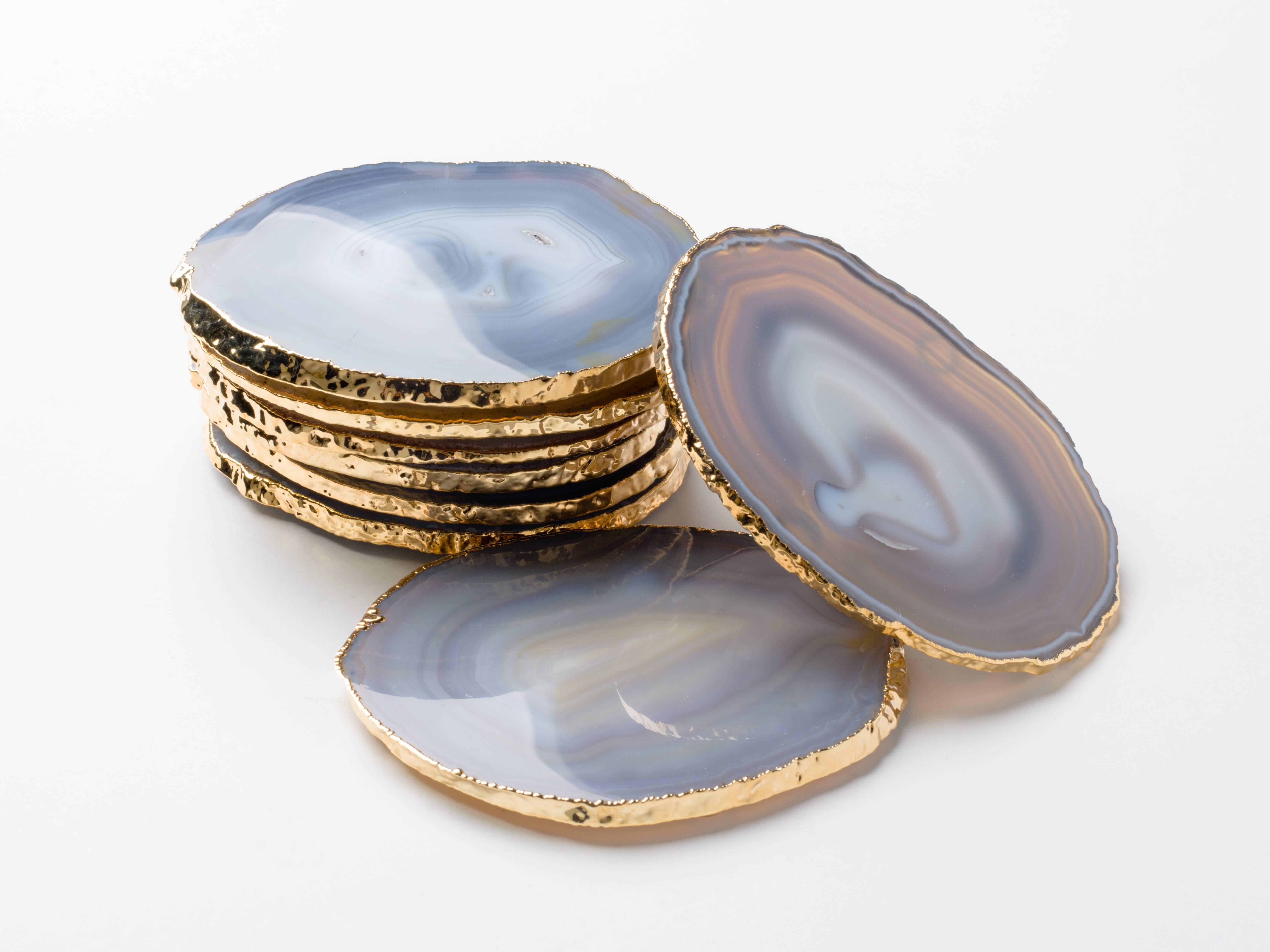 Agate Gemstone Coasters Wrapped in 24-Karat Gold, Set / 8 For Sale 3