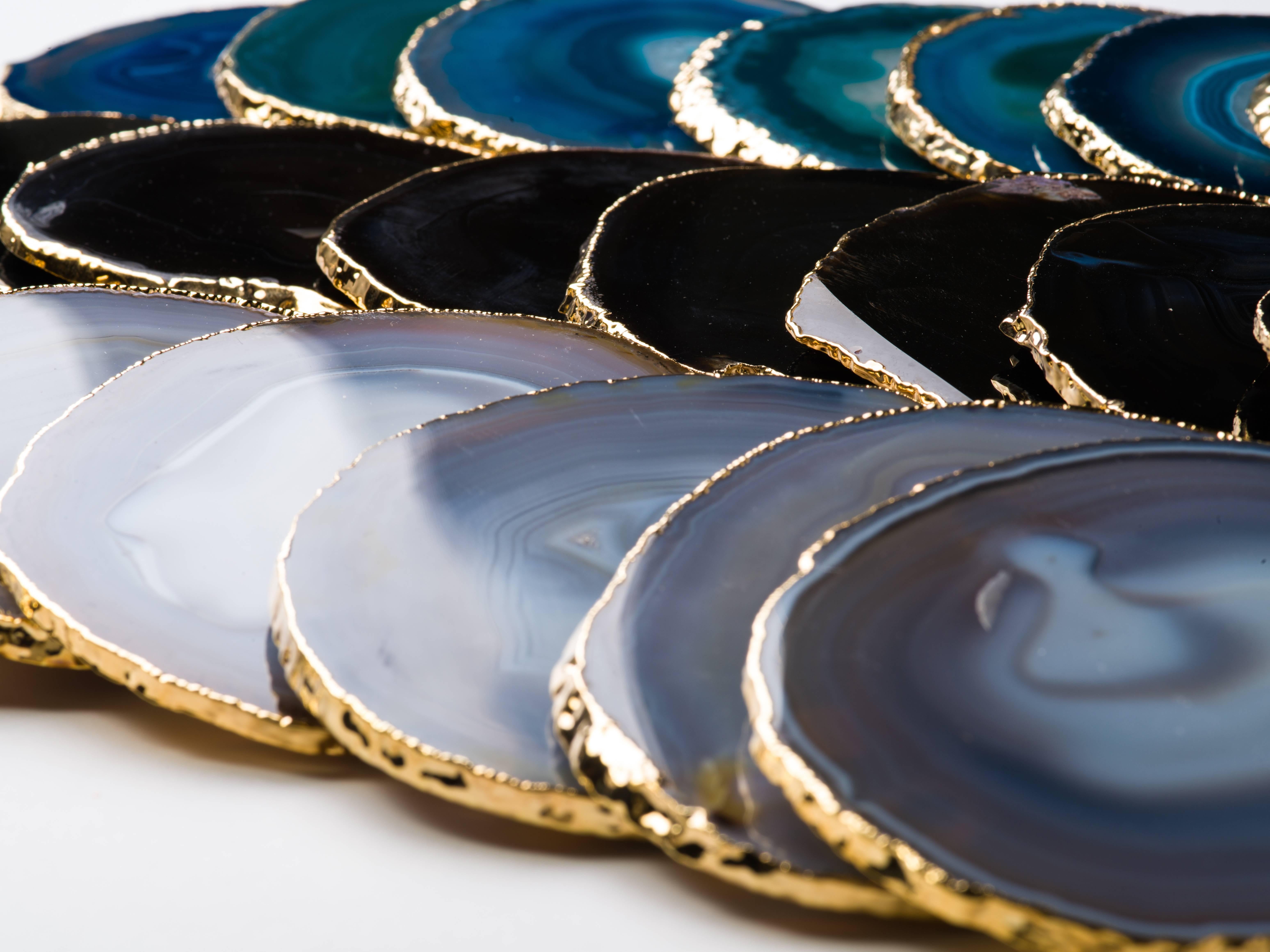 Multi-gemstone Natural Black Agate Gemstone Coasters with 24 K Gold Trim, Set/8 For Sale