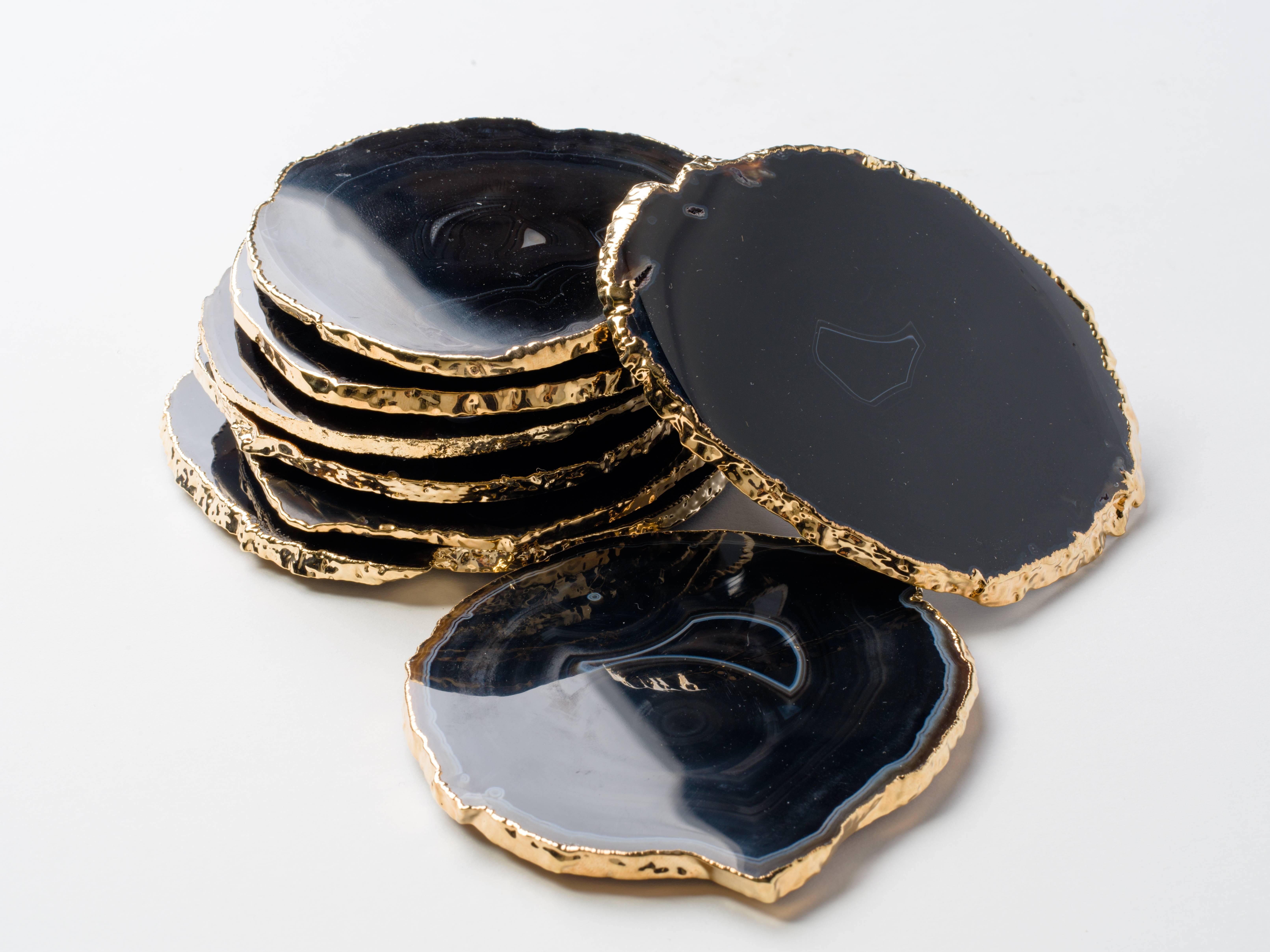 Organic Modern Natural Black Agate Gemstone Coasters with 24 K Gold Trim, Set/8 For Sale