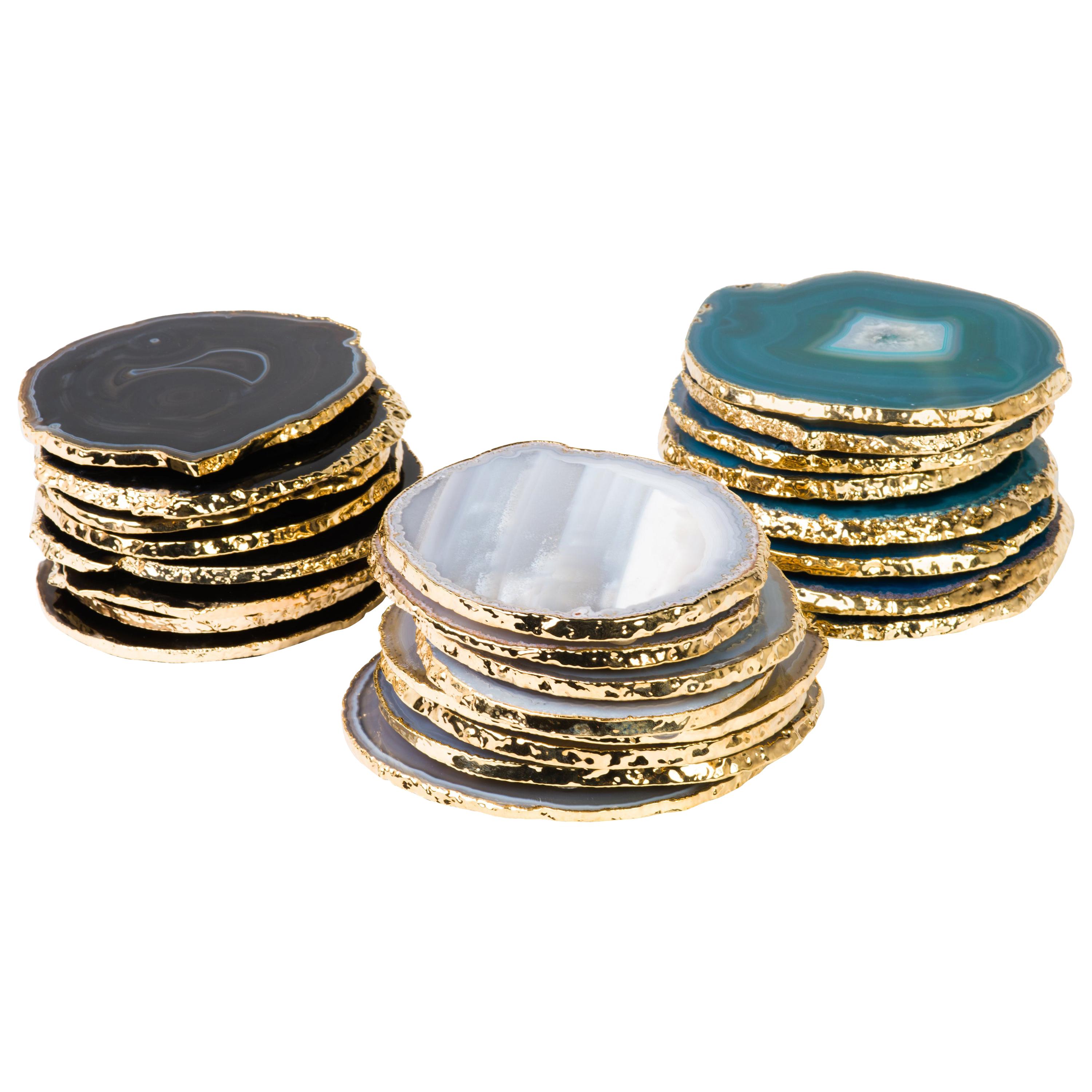 Brazilian Natural Black Agate Gemstone Coasters with 24 K Gold Trim, Set/8 For Sale