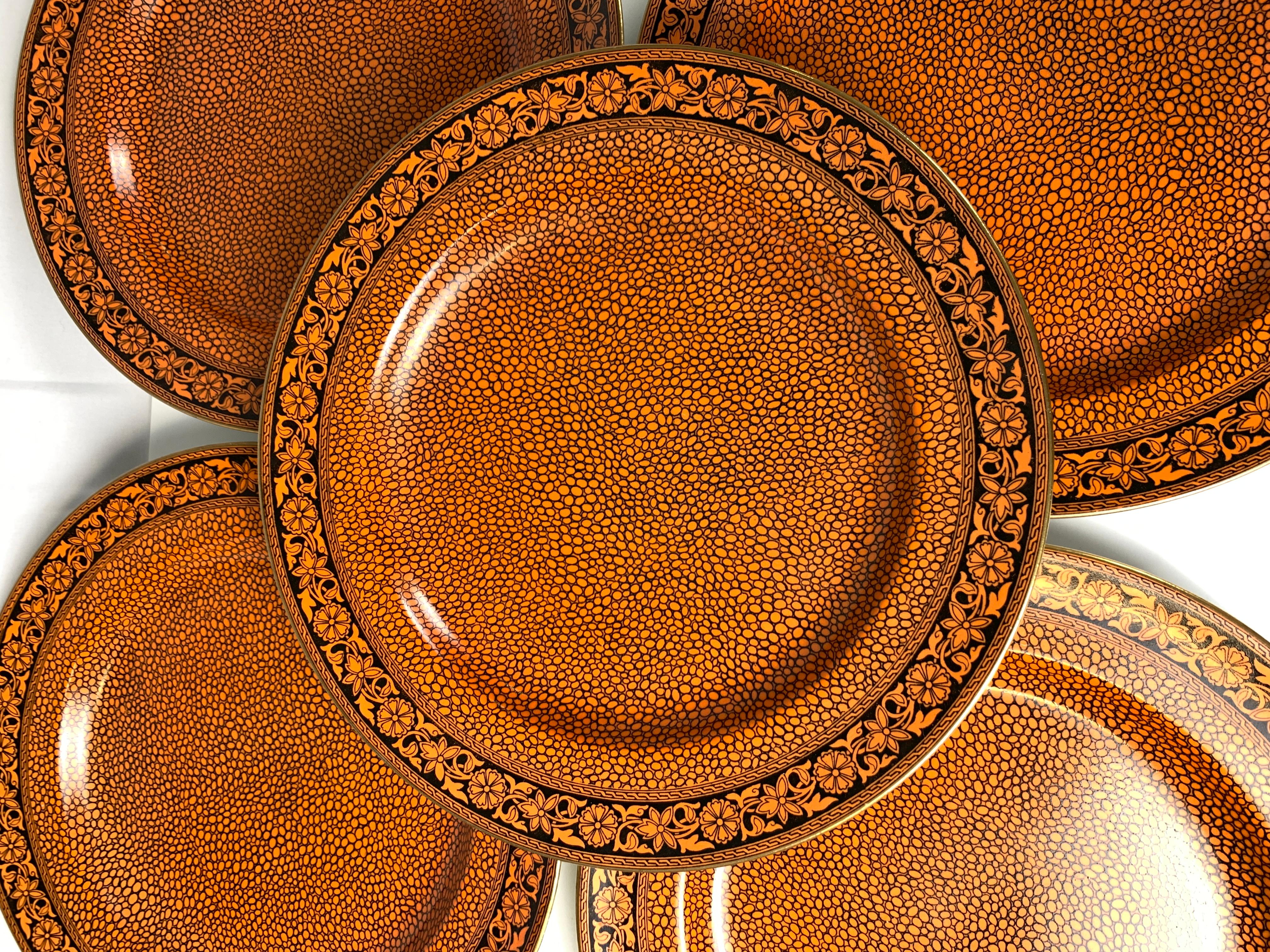 English Set 11 Antique Dinner Plates Rust Color Masons Sharkskin Pattern Circa 1900 For Sale