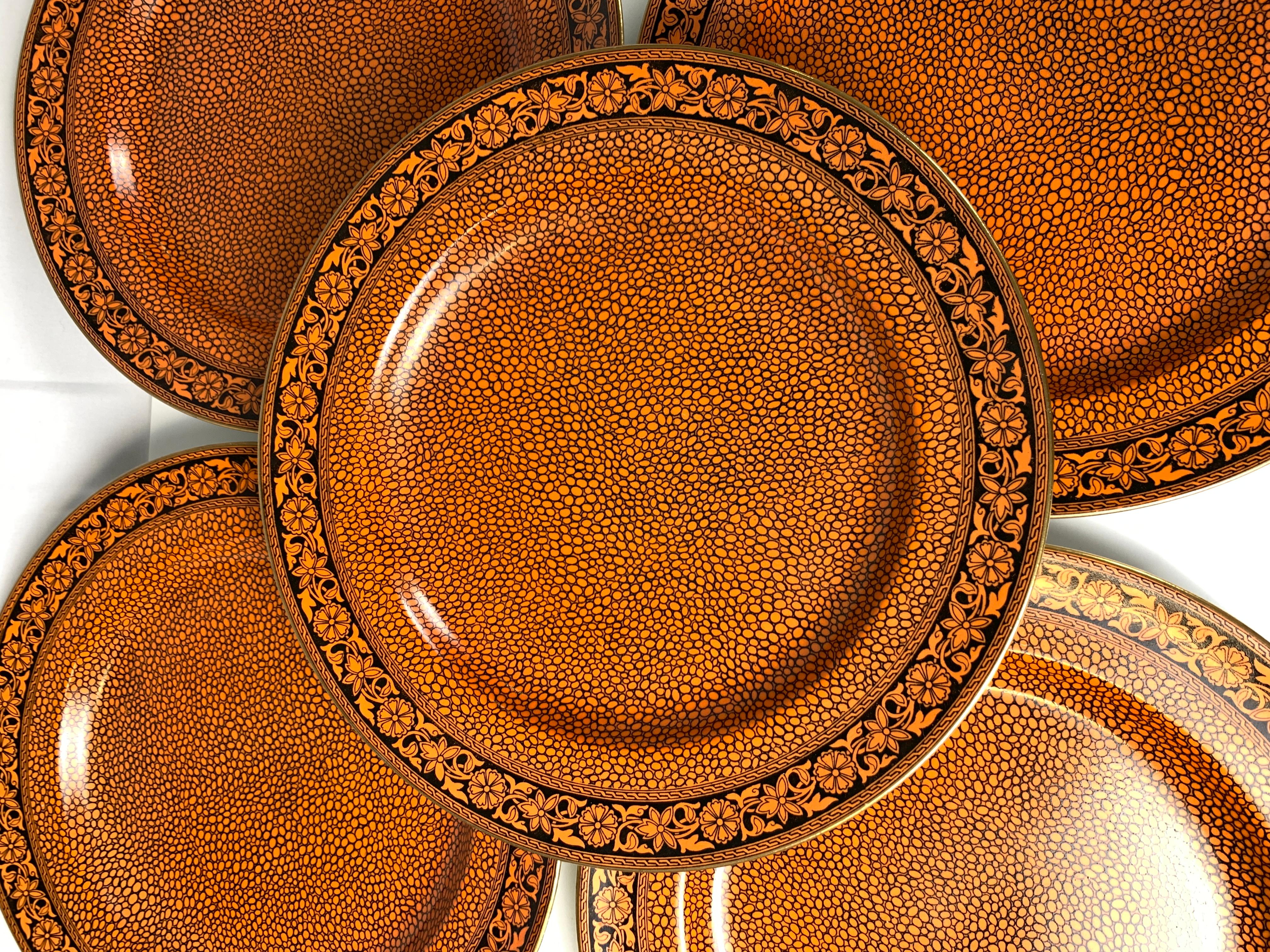 English Set 11 Antique Dinner Plates Rust Color Masons Sharkskin Pattern Circa 1900