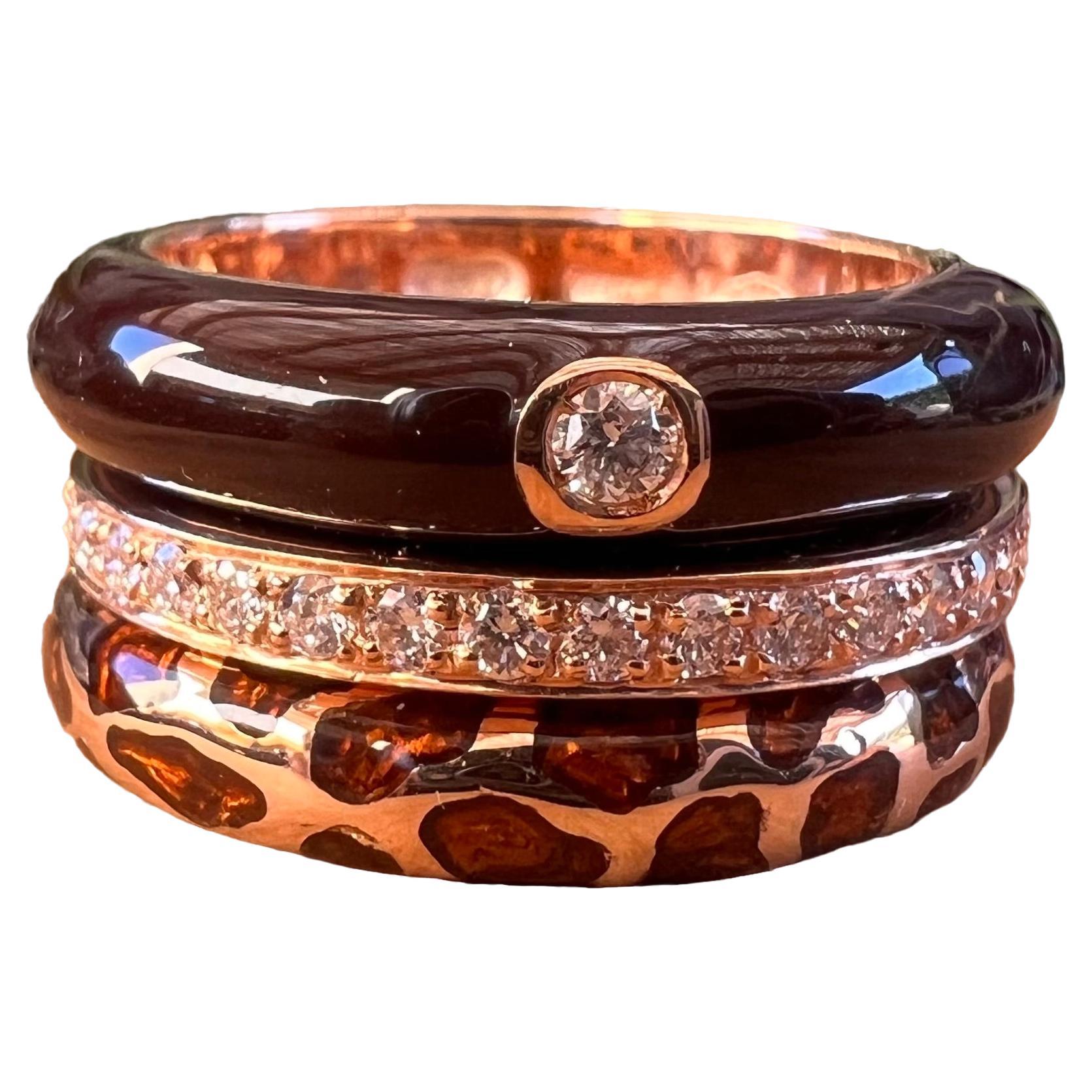 Set Enamelled Stackable  Diamonds O, 57K Rose Gold Cockatail and Band Rings For Sale