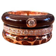 Set Enamelled Stackable  Diamonds O, 57K Rose Gold Cockatail and Band Rings