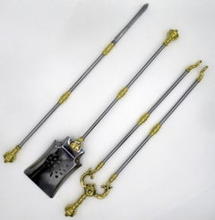 Set English Victorian Steel Brass Fireplace Fire Tools Irons Companion 19Century