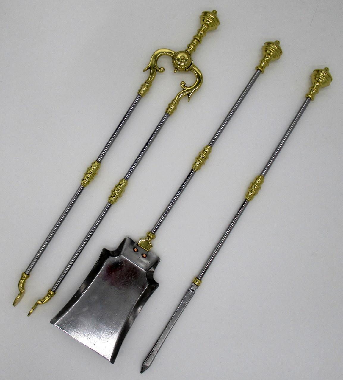A very fine original set of early english victorian polished steel and brass fireplace fire tools of outstanding workmanship and quality. Mid Nineteenth Century. Circa 1860 

Comprising a poker, tongs and a plain flair tipped shovel all with