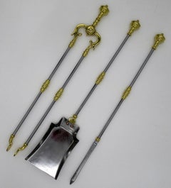 Set English Victorian Steel Brass Fireplace Fire Tools Irons Companion 19th Ct