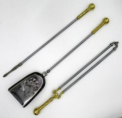 Set English Victorian Steel Brass Fireplace Fire Tools Irons Companion 19th Ct