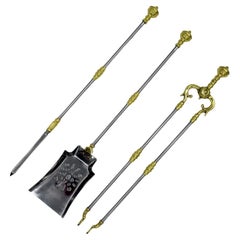 Set inglese vittoriano in acciaio e ottone di strumenti da fuoco per caminetto Companion 19th Ct
