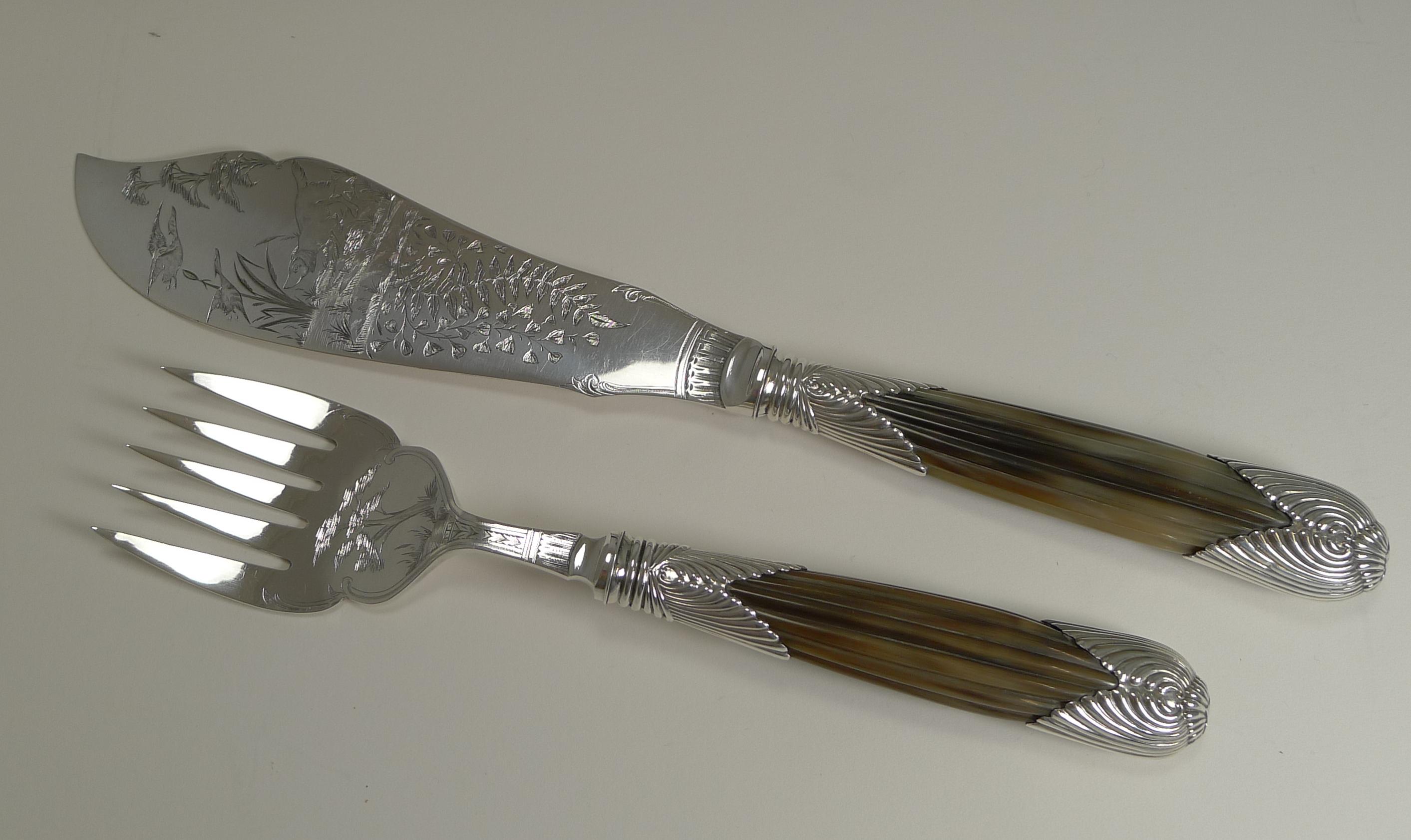 Silver Plate Set of Fish Servers, Horn Handles; Hunting / Dog Engraved, circa 1890 For Sale