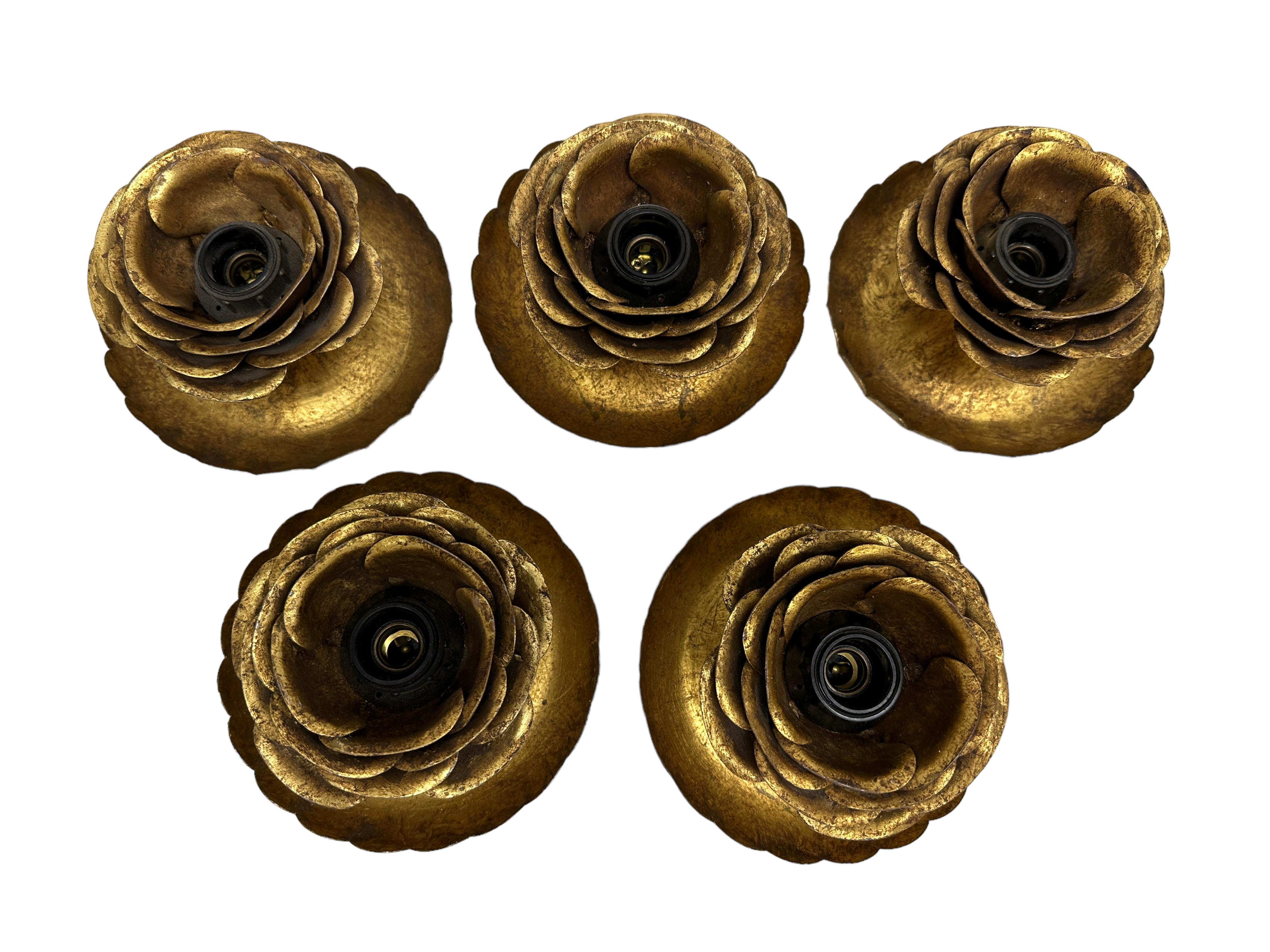 Add a touch of opulence to your home with this charming set of five flush mount or wall lights. Perfect gilt metal roses to enhance any chic or eclectic home. We'd love to see it hanging in an entryway as a charming welcome home or just built a wall