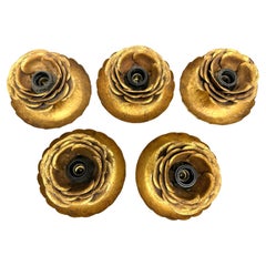 Set Five Gilded Gilt Metal Rose Flower Tole Hollywood Regency Flush Mount, Italy