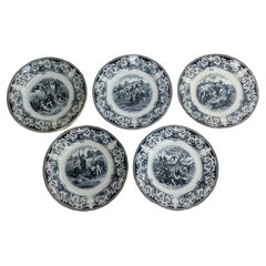 Set Five Historized Childhood Scenes Faience Plates, Bordeaux France Late 19th C