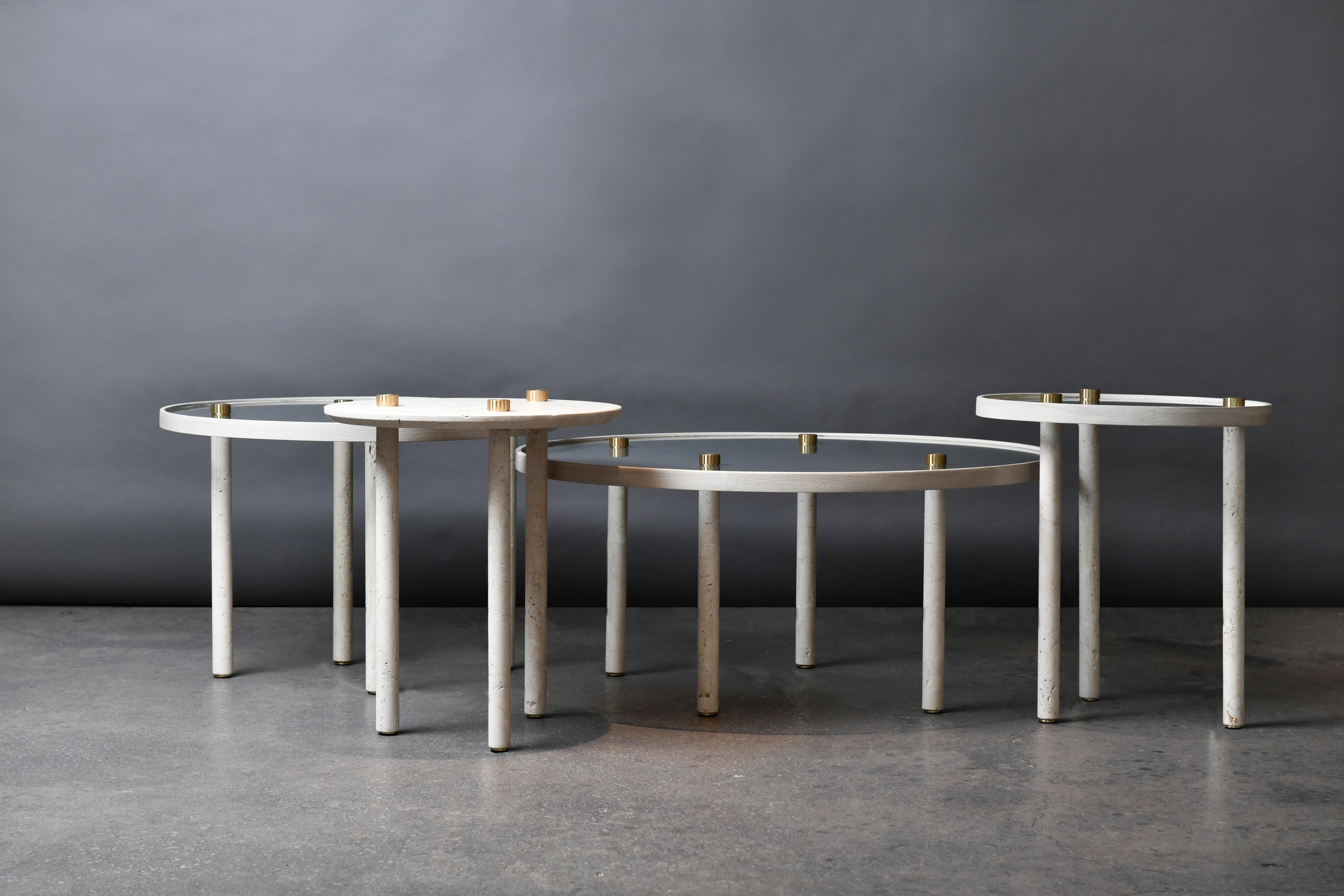 Set fo 4 Nostalgia tables by Saccal Design House
Dimensions: 
TG1: Ø 80cm x H 37cm
TG2: Ø 60cm x H42cm 
TG3: Ø 40cm x H 46cm
TM1: Ø 80cm x H 37cm
Materials: Carrara and brass

Saccal Design House, located in Beirut Lebanon, was founded in