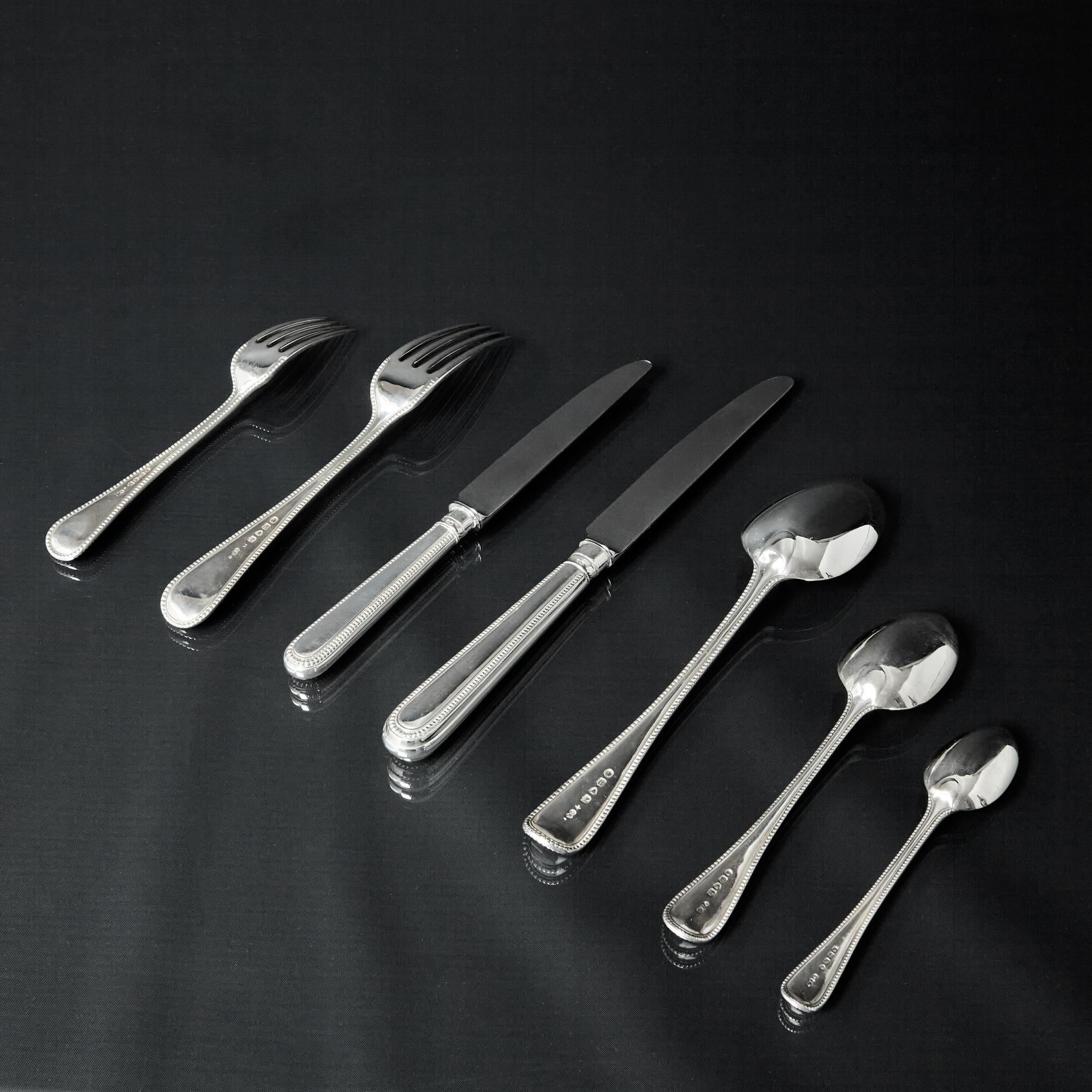 Victorian Set for 12 One Date & Maker Antique Bead Pattern Silver Cutlery For Sale