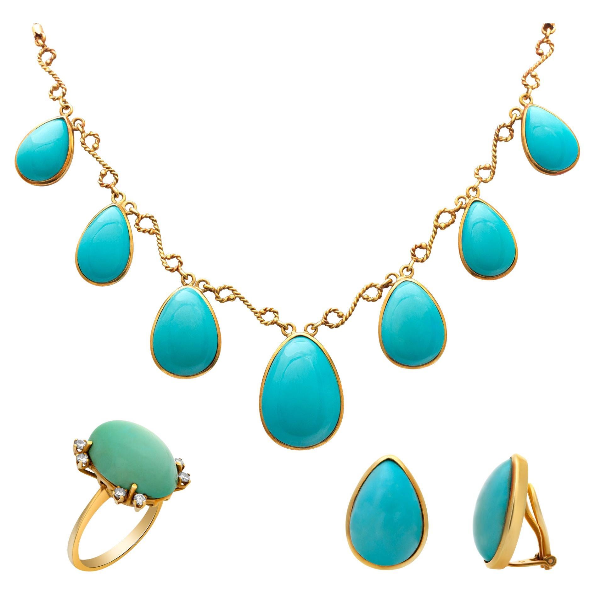 Set for a Queen! Turquoise Necklace, Earring & Ring Set in 18k