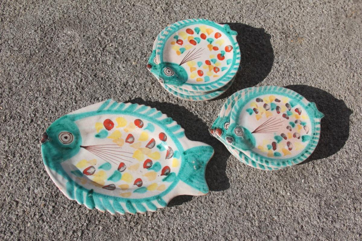 Set for Fish in Glazed Ceramic Art Sicilian, 1960s Giovanni De Simone Colored 12