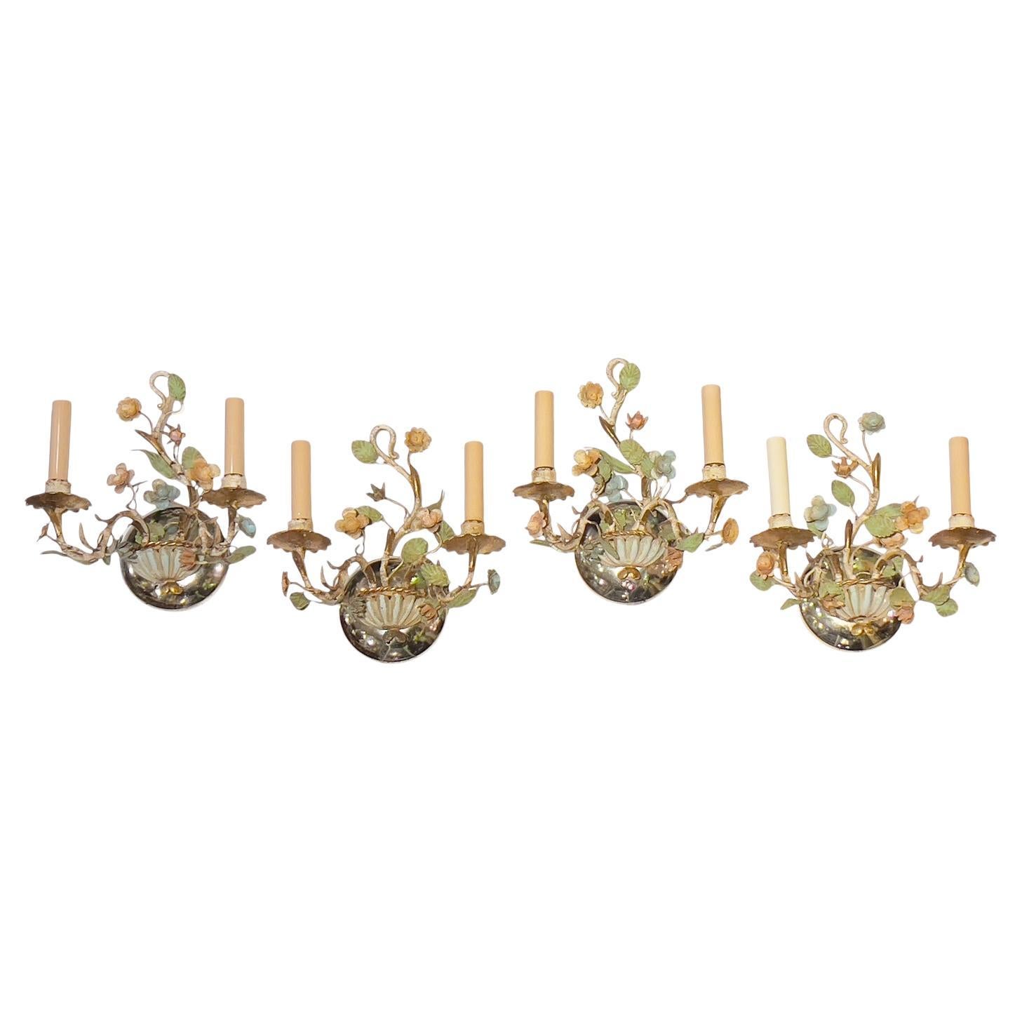 Set Four (4) French Floral Belle Epoque Style Metal and Chrome Sconces