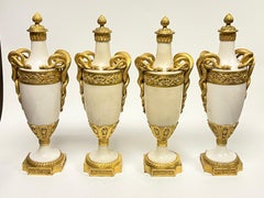 Set Four (4) French Louis XVI Style Gilt Bronze White Marble Urns / Table Lamps