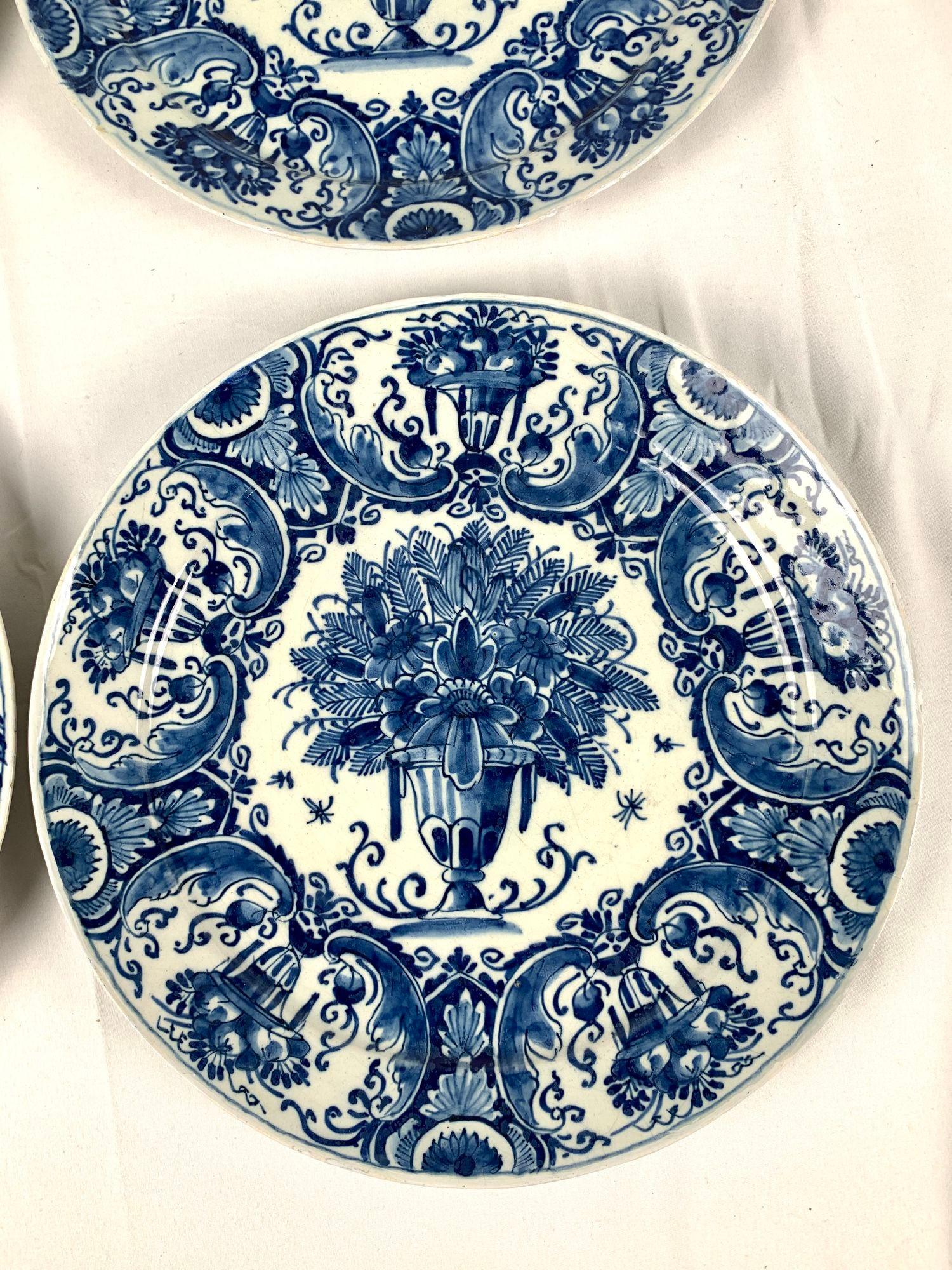 Dutch Set Four Antique Blue and White Delft Plates Circa 1760-1770 10.25