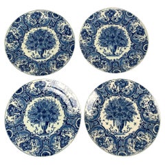 Set Four Antique Blue and White Delft Plates Circa 1760-1770 10.25" Diameter