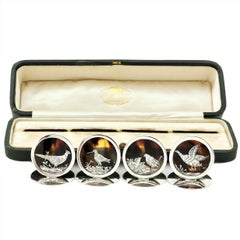 Set Four Antique Silver & Tortoise Shell Place Card Menu Holders Game Bird, 1914