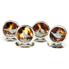 Set Four Antique Silver & Tortoise Shell Place Card Menu Holders Game Bird, 1914