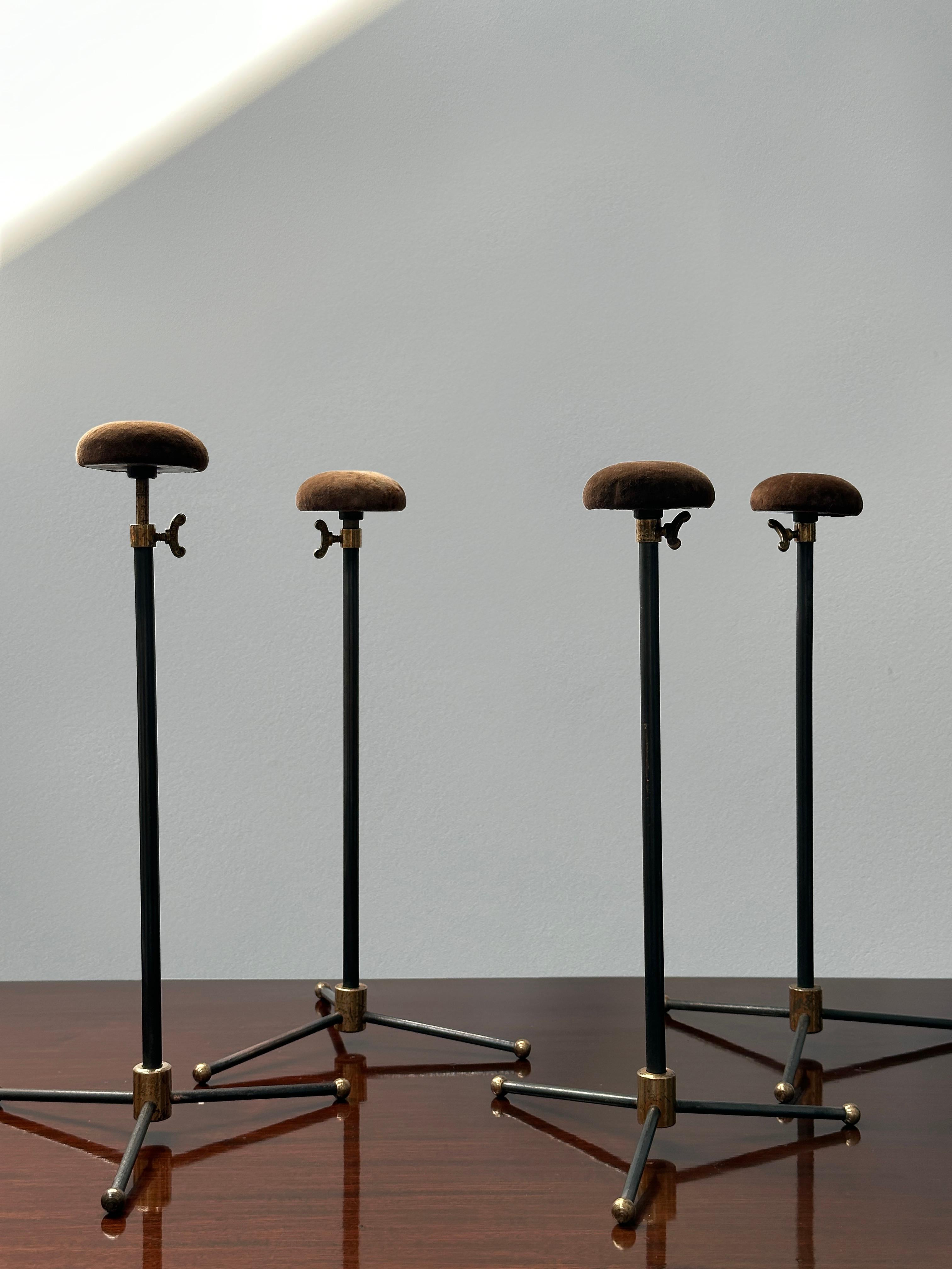 - The most wonderful set of decorative hat display stands fully stamped by makers Harris & Sheldon, England circa 1930.
- Each stand has a most unusual telescopic tripod base with makers mark to the brass turn key with inscription 'Harris' &