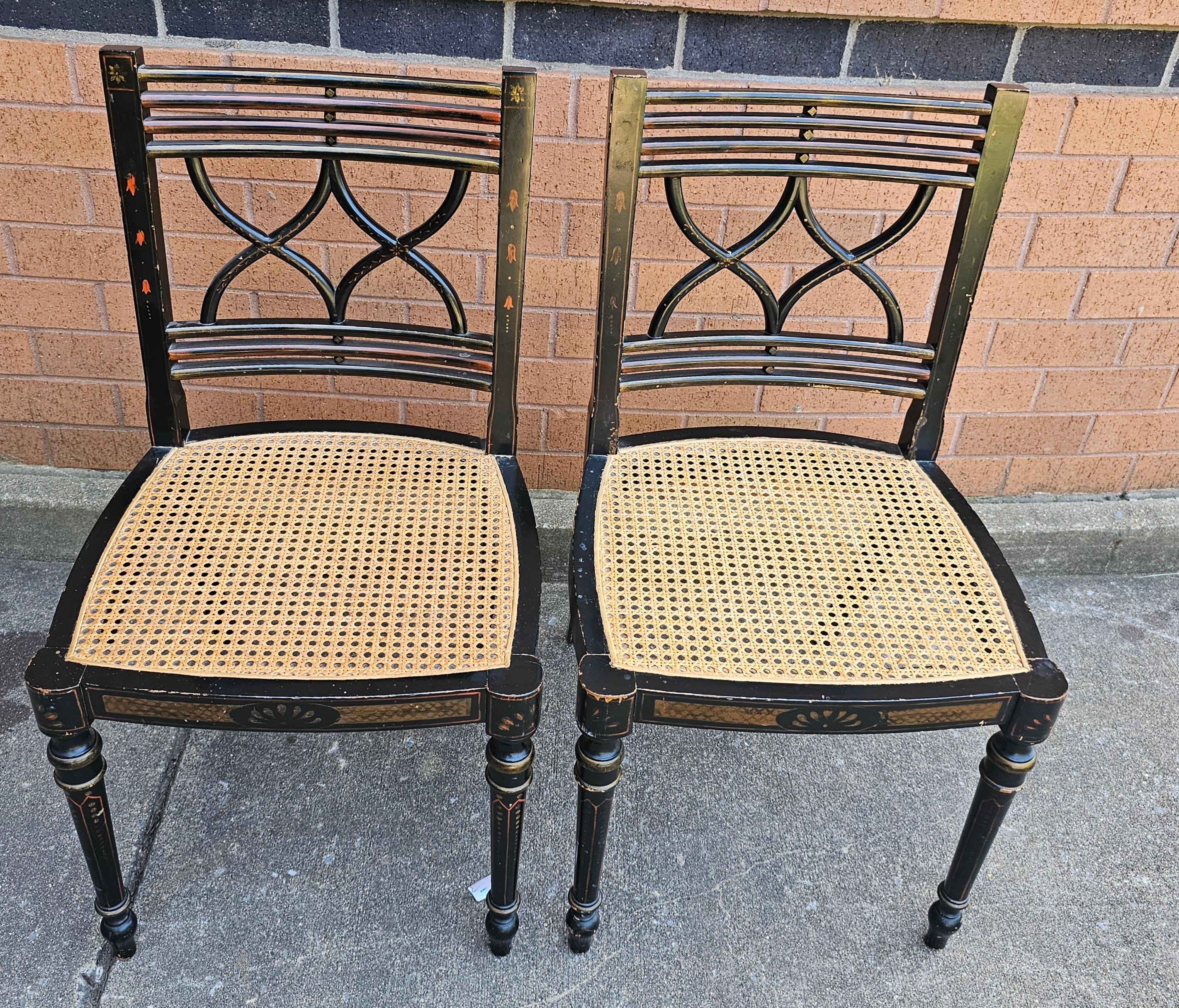 Set Four Baker Historic Charleston Decorated Ebonized Wood and Cane Side Chairs For Sale 3