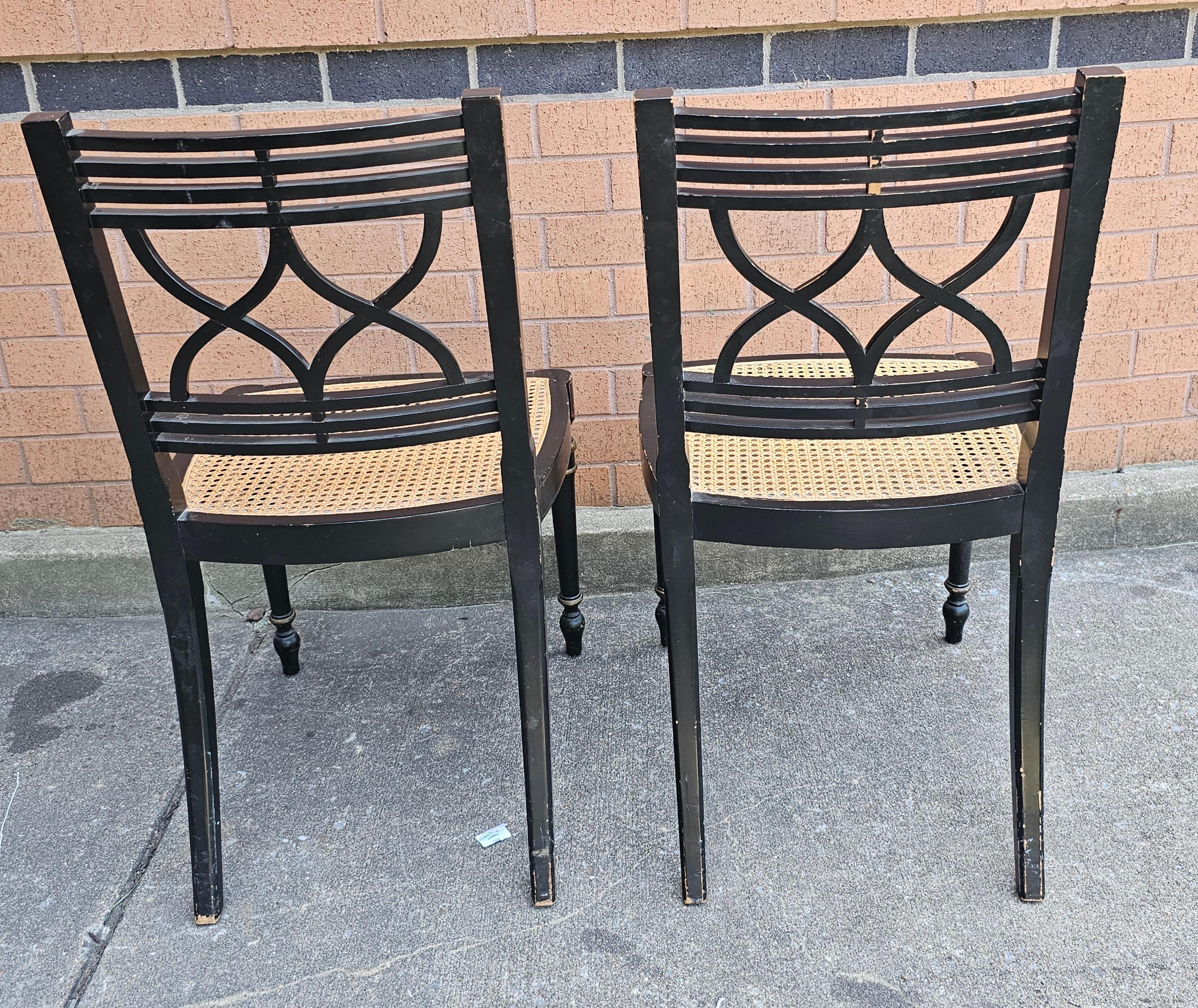 Set Four Baker Historic Charleston Decorated Ebonized Wood and Cane Side Chairs For Sale 4