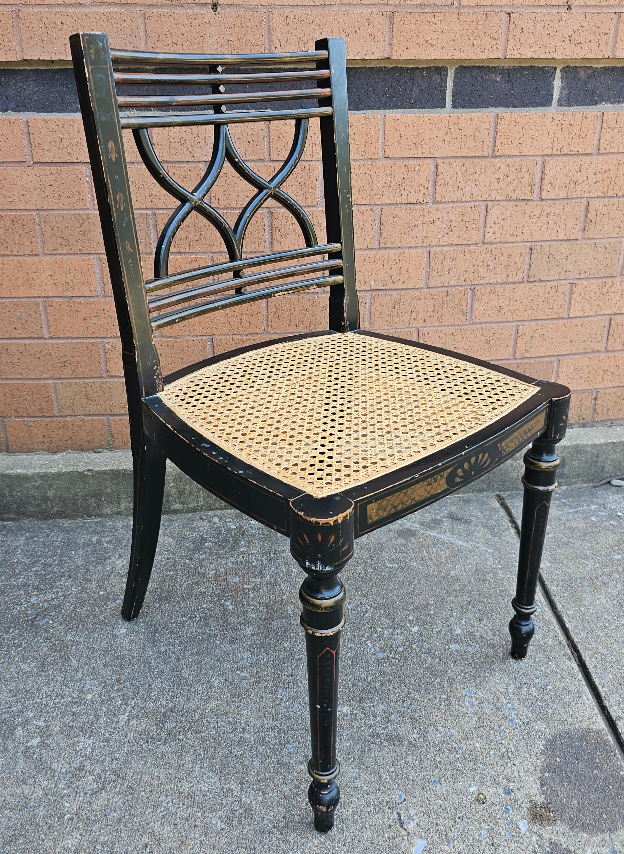 Set Four Baker Historic Charleston Decorated Ebonized Wood and Cane Side Chairs For Sale 5