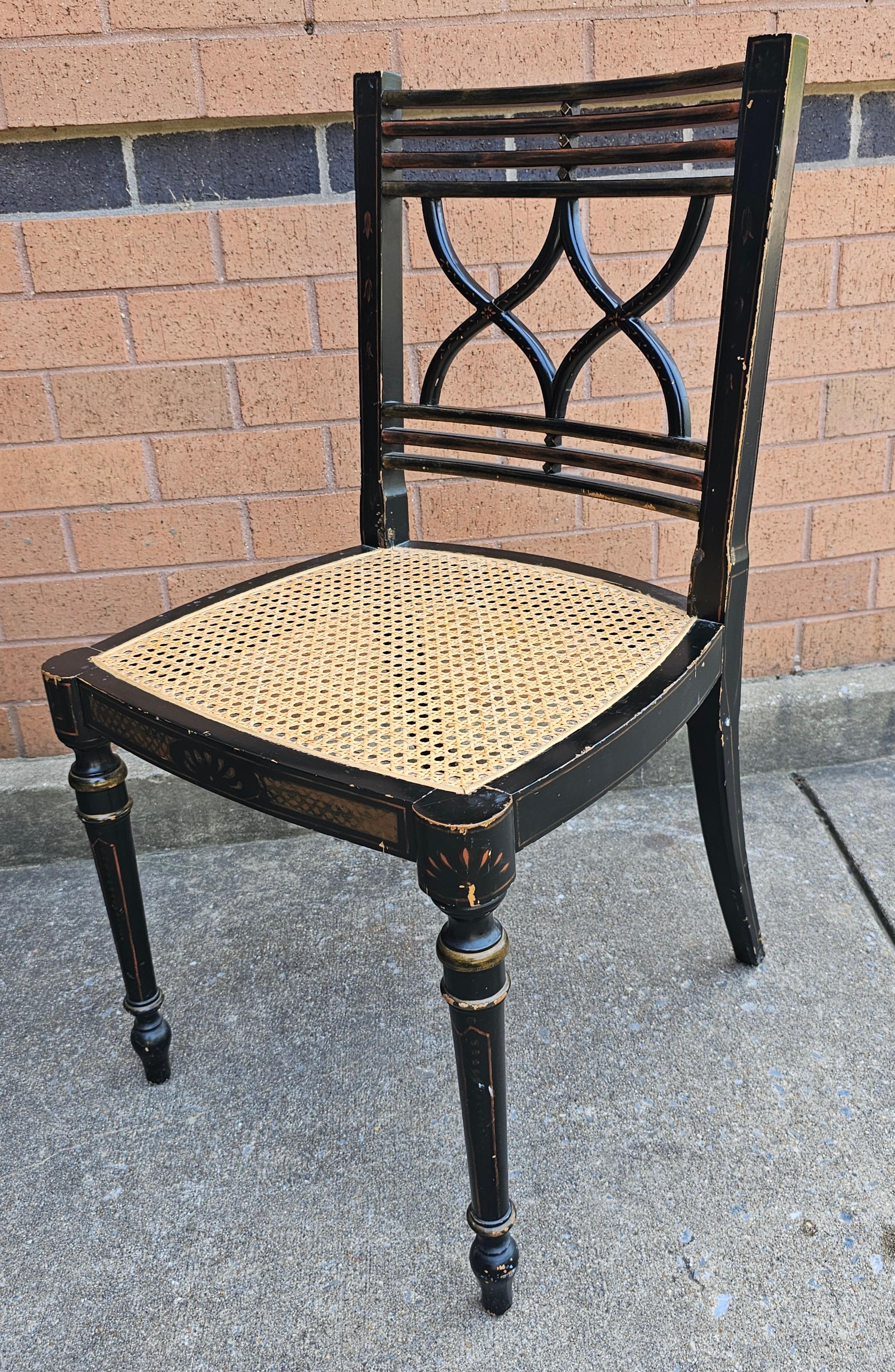 Set Four Baker Historic Charleston Decorated Ebonized Wood and Cane Side Chairs For Sale 6