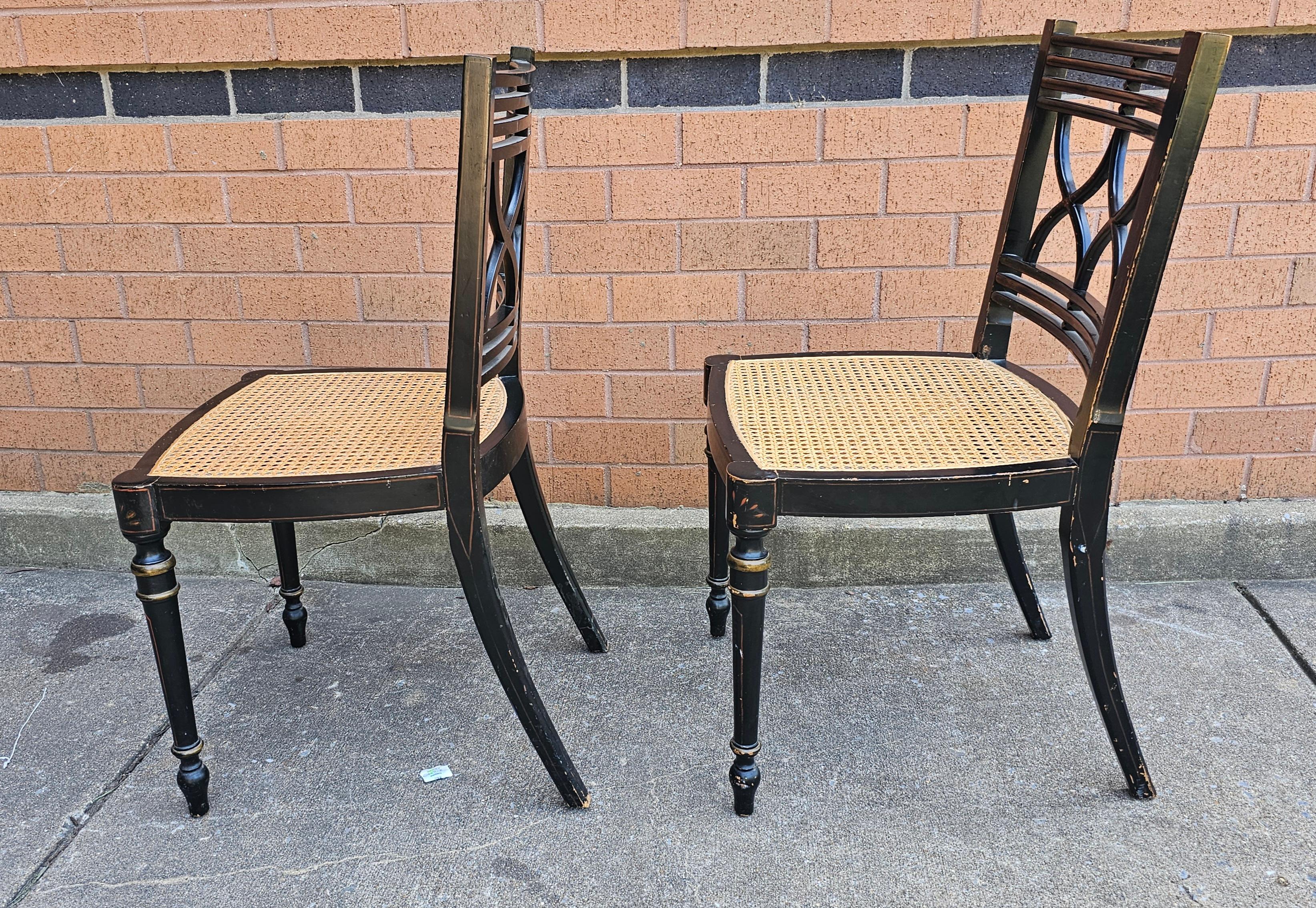 Set Four Baker Historic Charleston Decorated Ebonized Wood and Cane Side Chairs For Sale 7
