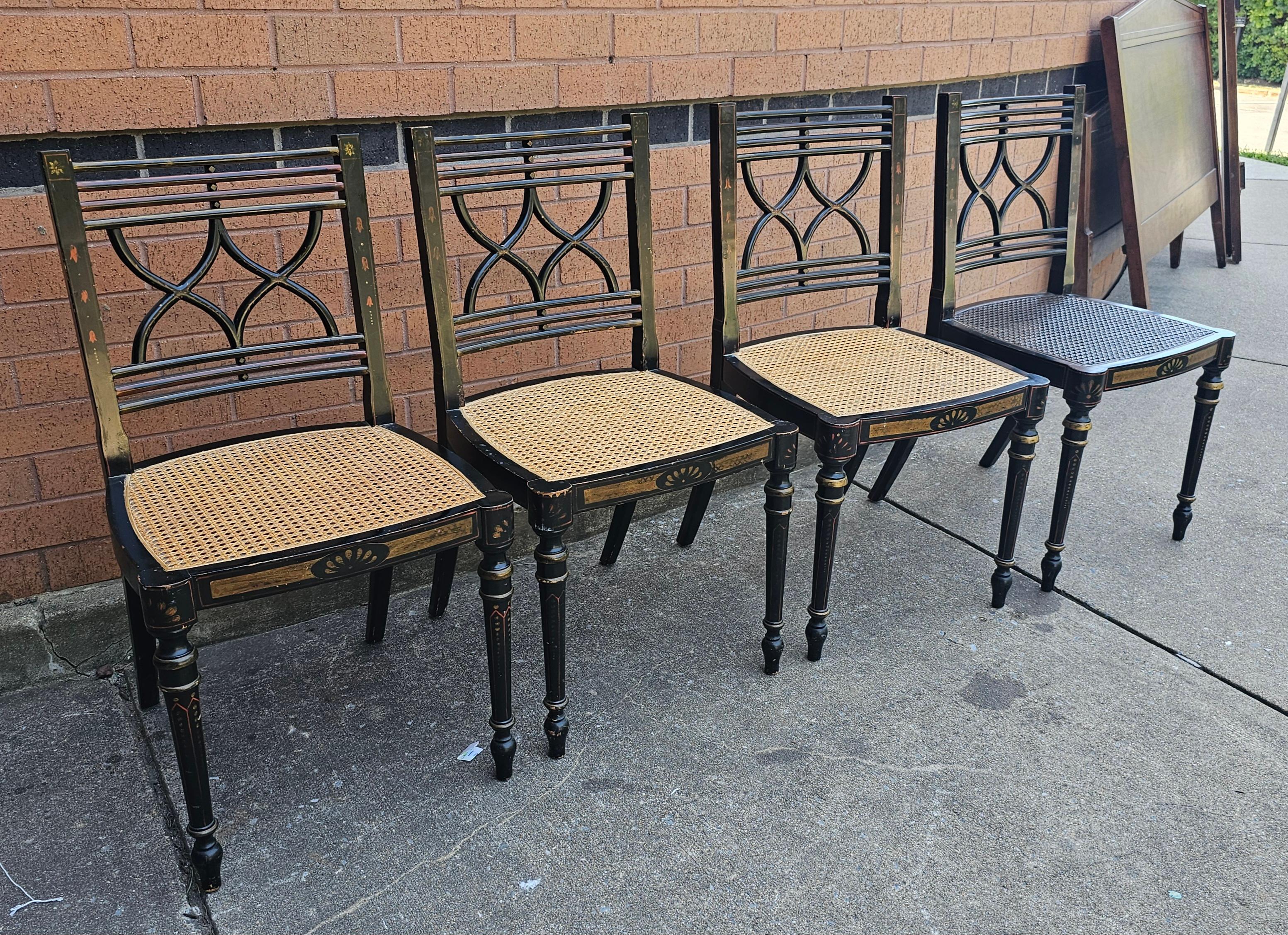 American Set Four Baker Historic Charleston Decorated Ebonized Wood and Cane Side Chairs For Sale