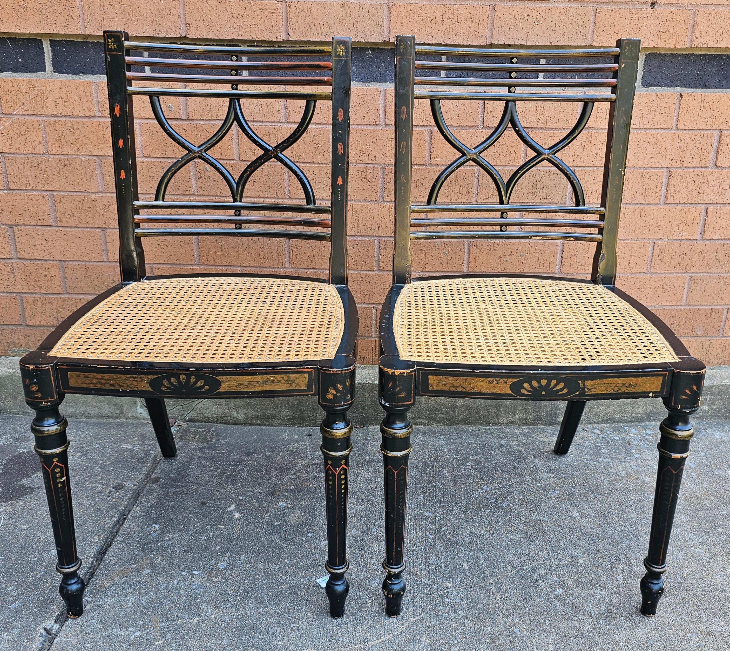 20th Century Set Four Baker Historic Charleston Decorated Ebonized Wood and Cane Side Chairs For Sale