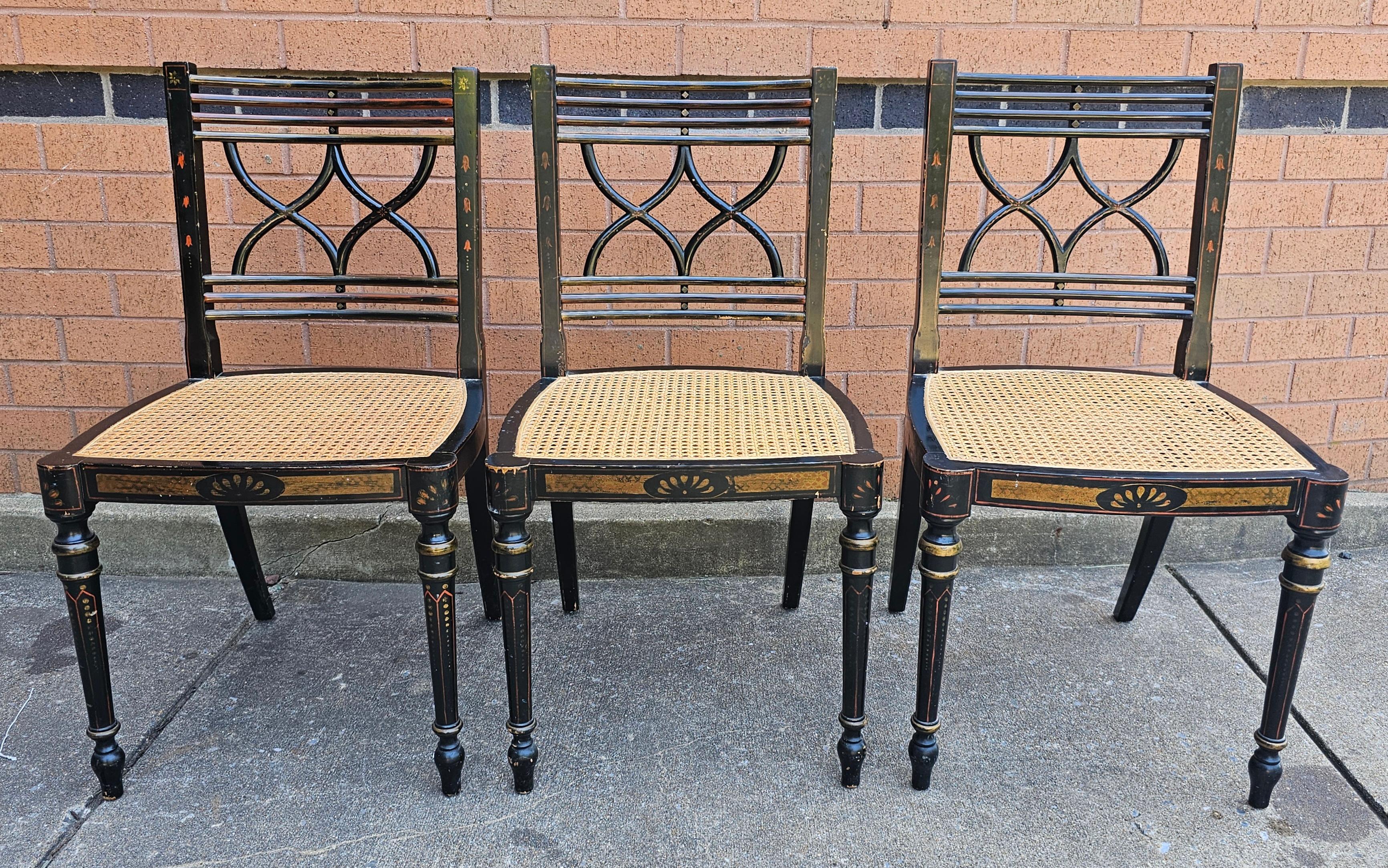 Set Four Baker Historic Charleston Decorated Ebonized Wood and Cane Side Chairs For Sale 1