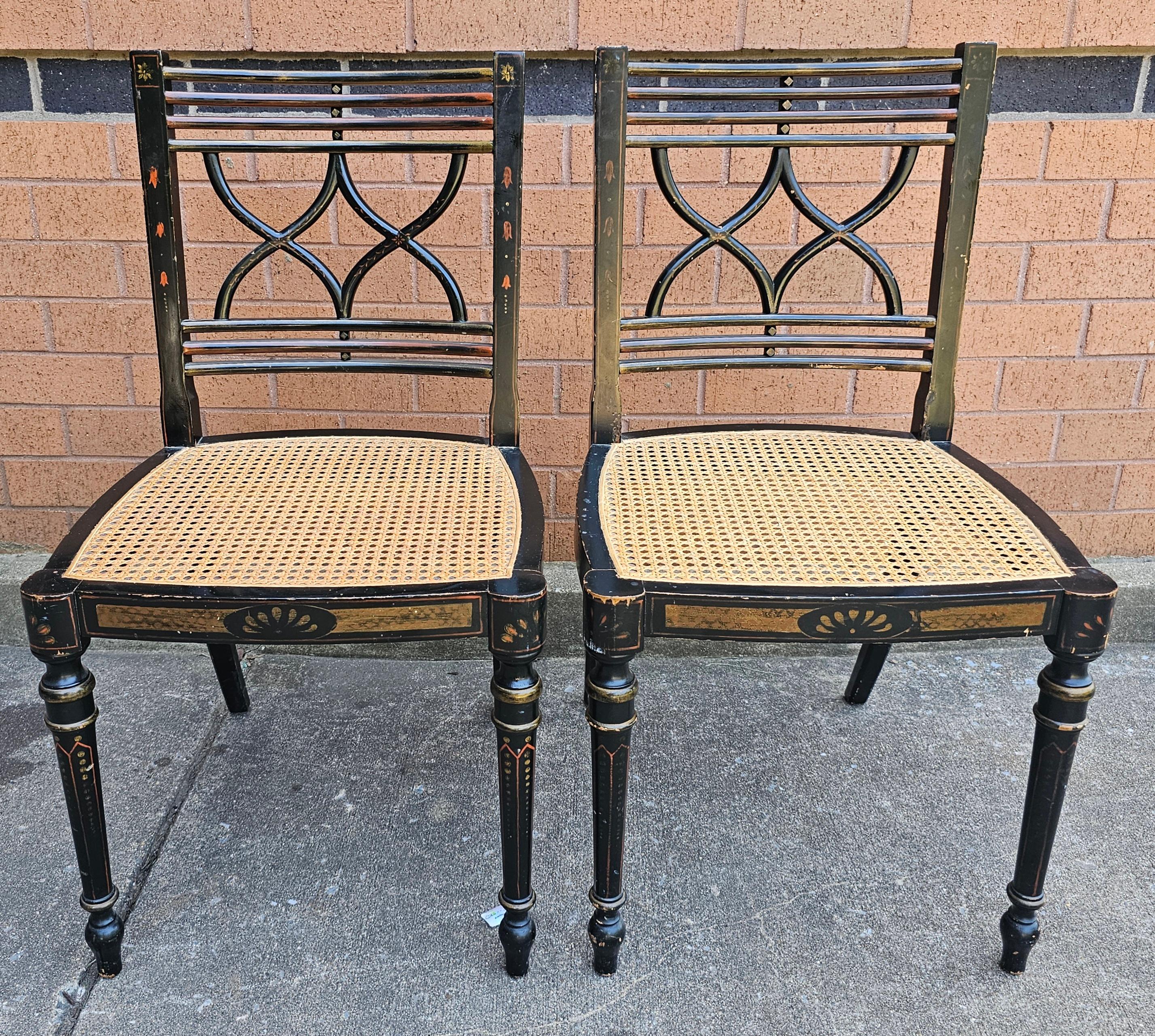 Set Four Baker Historic Charleston Decorated Ebonized Wood and Cane Side Chairs For Sale 2
