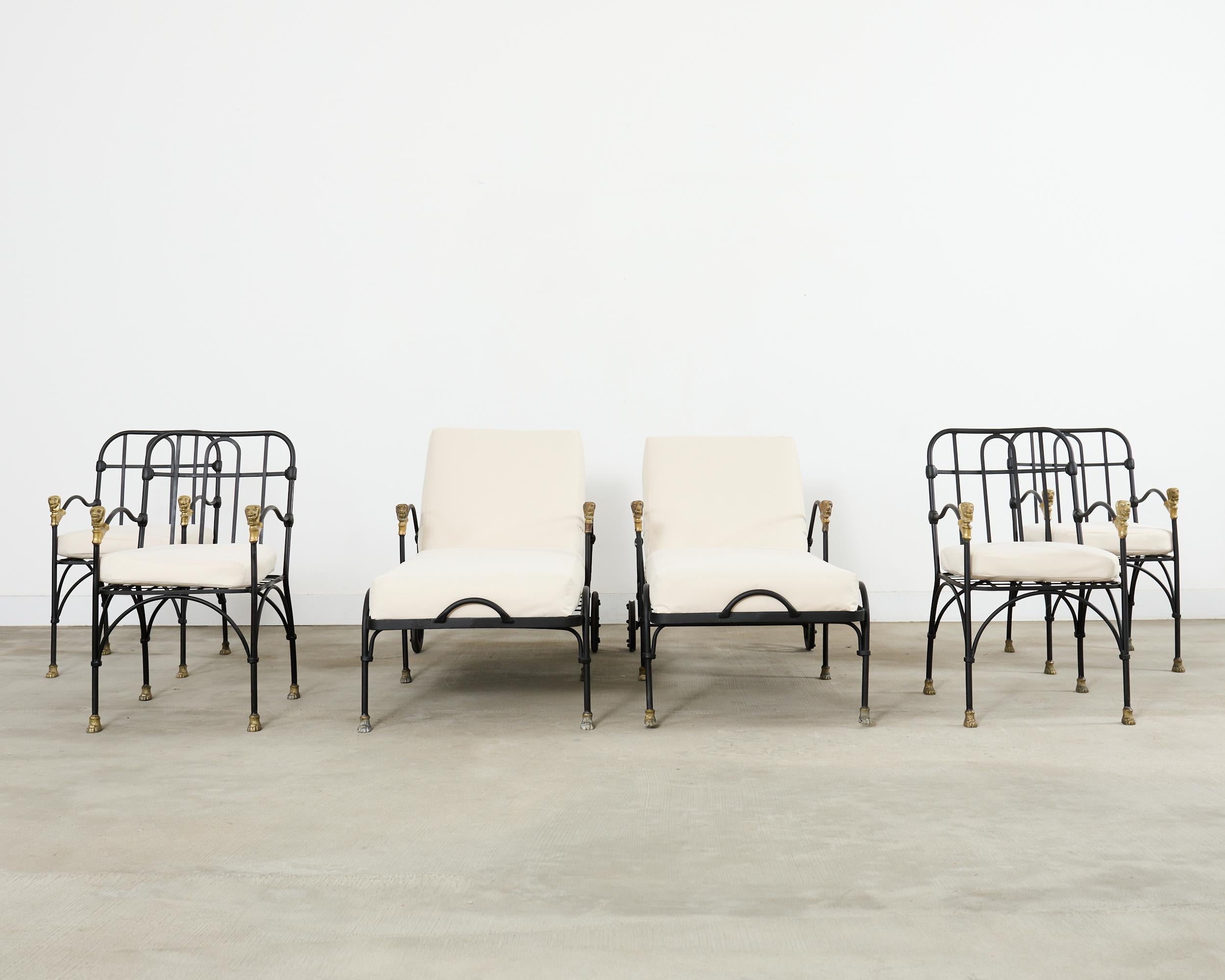 Mid-Century Modern Set Four Bronze Lions Head Garden Chairs After Giacometti For Sale