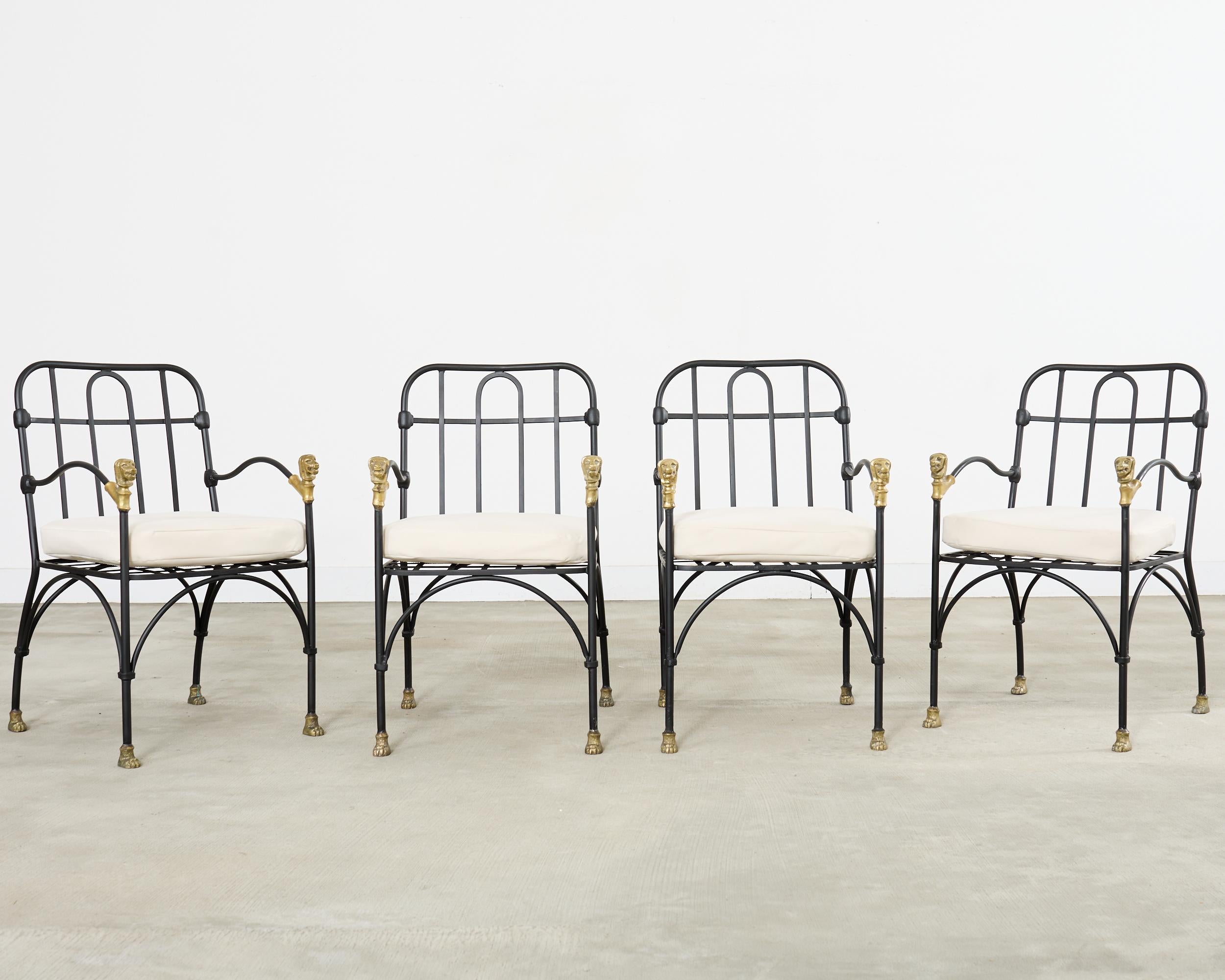 Cast Set Four Bronze Lions Head Garden Chairs After Giacometti For Sale