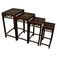 Set Four Chinese Style Graduated Nest of Tables Carved Friezes Circa 1920