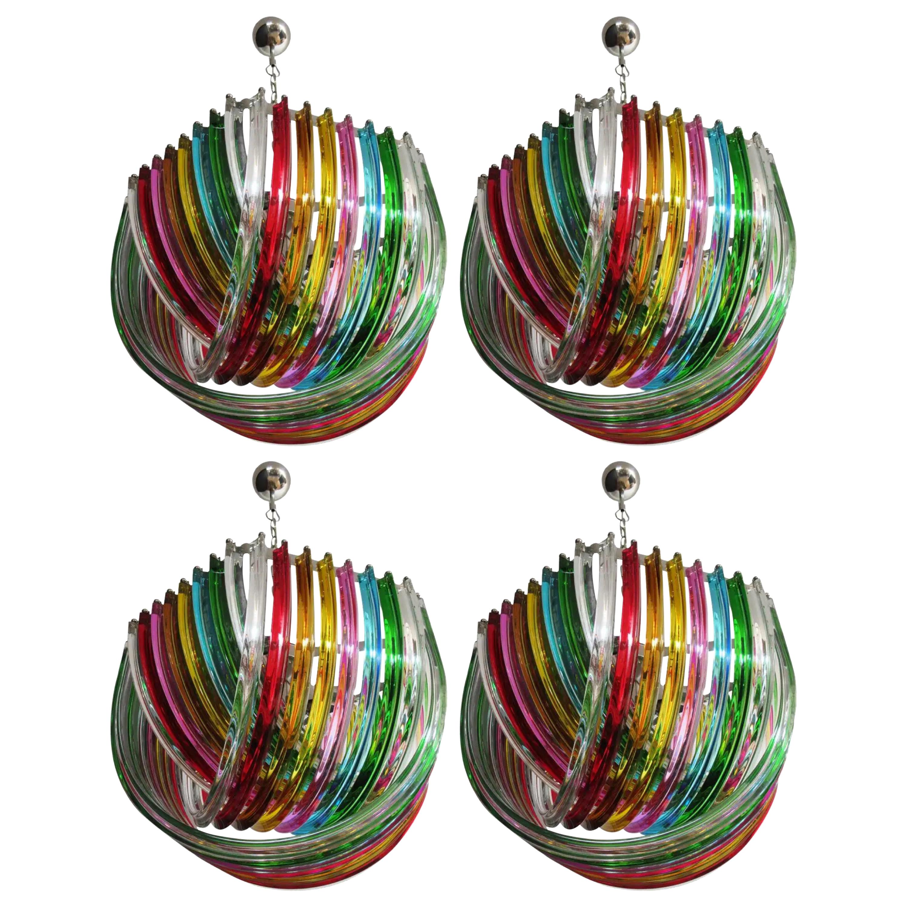 Set Four Curvati Rainbow Ceiling Light, Multicolored Triedri, 24 Murano Glasses