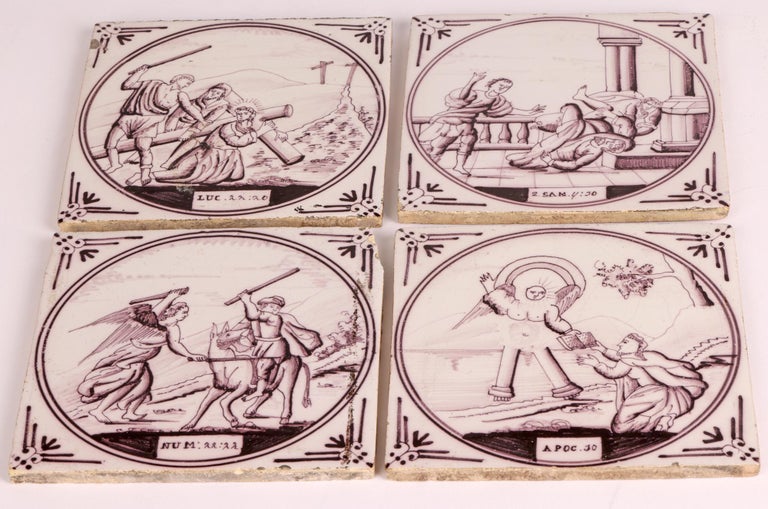 Carreau De Faïence Ancien XVIIIe - Scène Biblique Au Manganèse - Boîte Décorative En étain