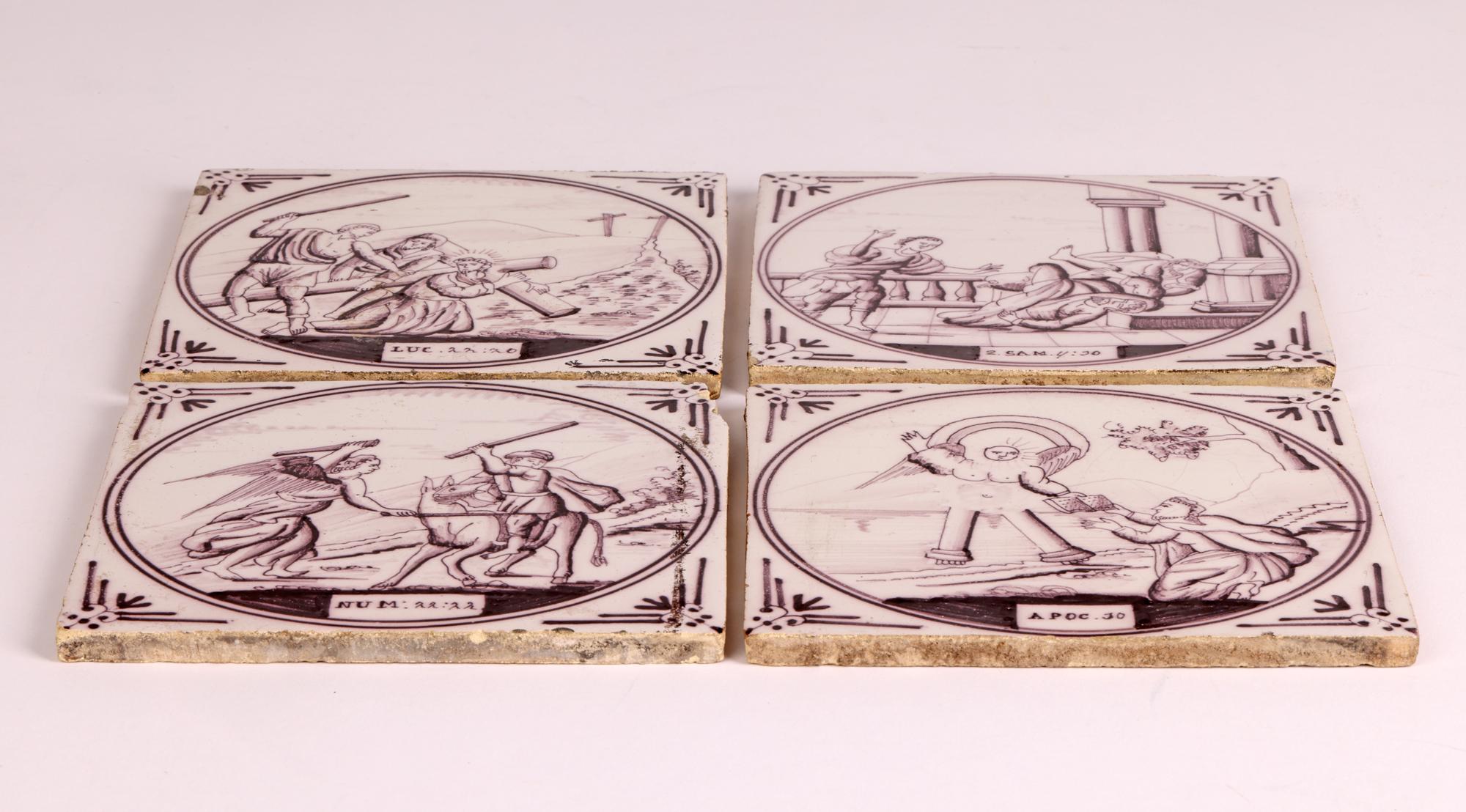 A wonderful set of four antique Dutch ‘Delft’ style manganese tiles hand decorated with biblical scenes probably originating from Rotterdam and dating from the 18th century. The tiles each portrays a different biblical scene set within a simple