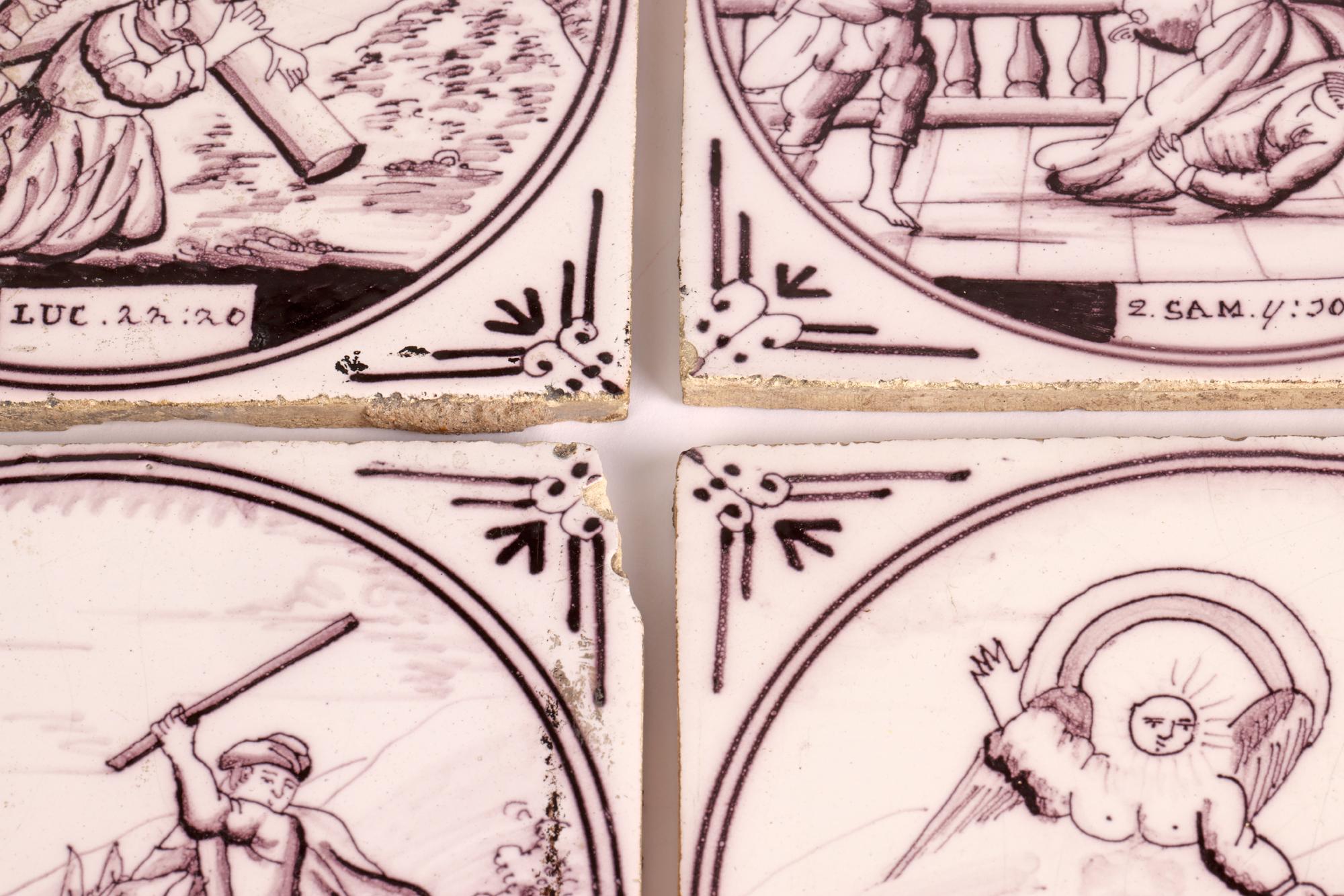 Hand-Crafted Set Four Dutch Manganese Biblical Pottery Tiles, 18th Century For Sale